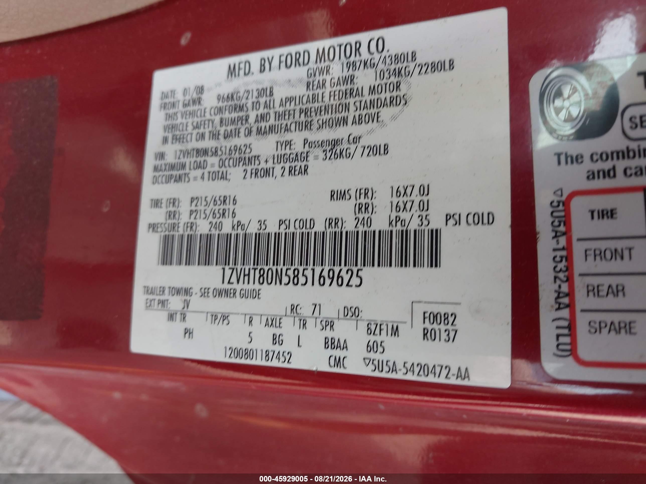 2008 Ford Mustang V6 Deluxe/v6 Premium Red vin: 1ZVHT80N585169625