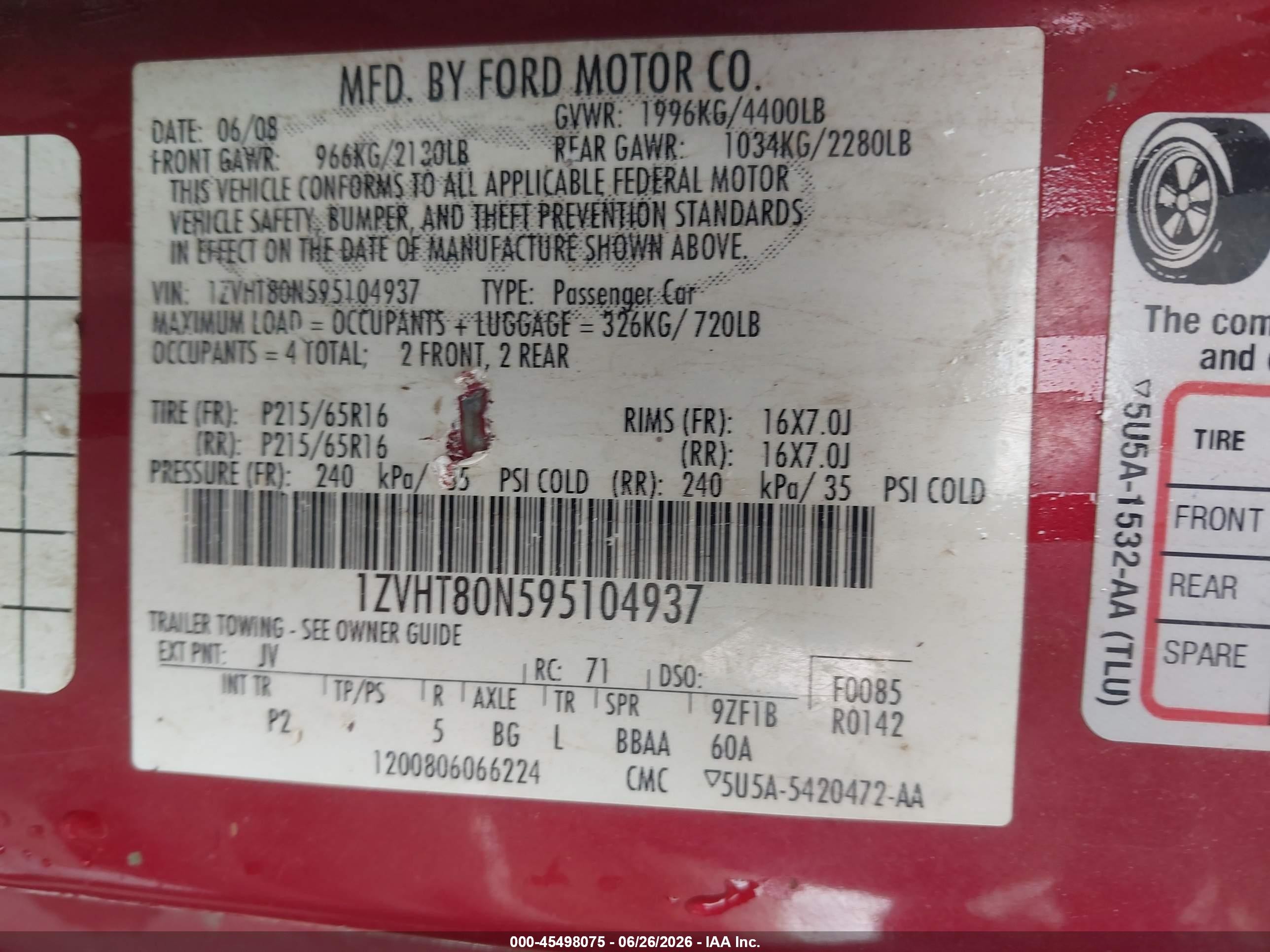 2009 Ford Mustang V6 Red vin: 1ZVHT80N595104937
