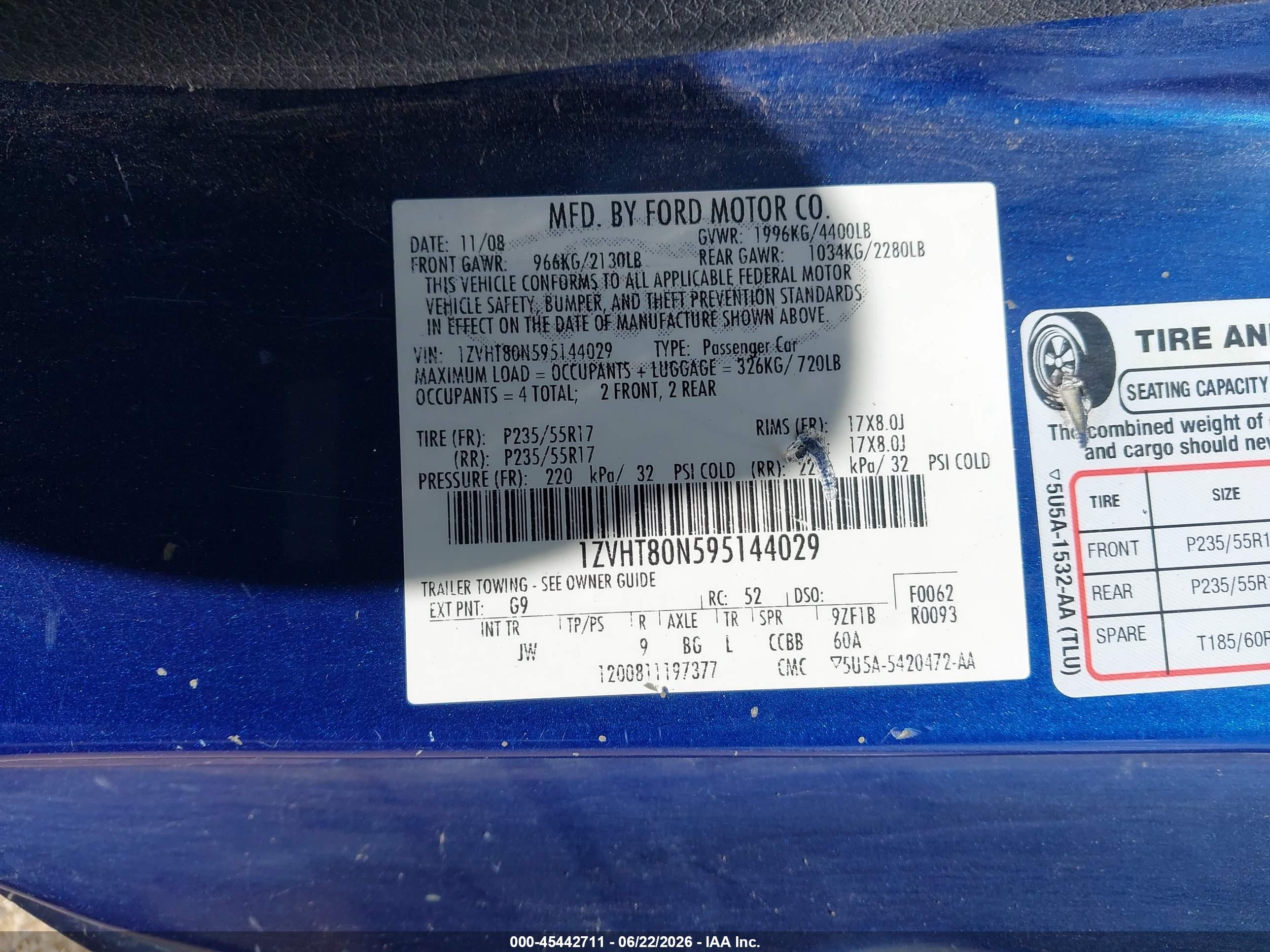 2009 Ford Mustang V6/v6 Premium Blue vin: 1ZVHT80N595144029