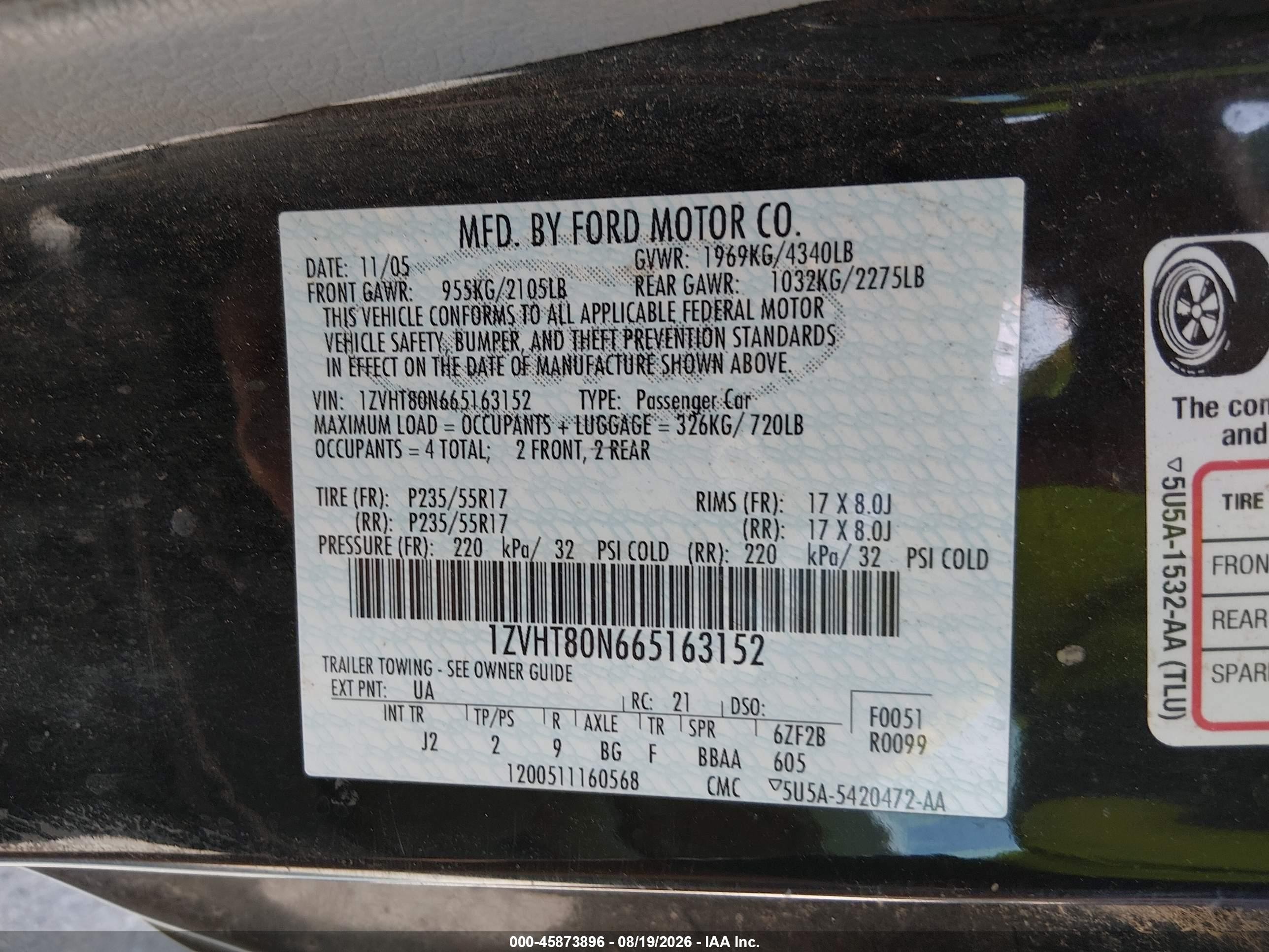 2006 Ford Mustang V6 Black vin: 1ZVHT80N665163152