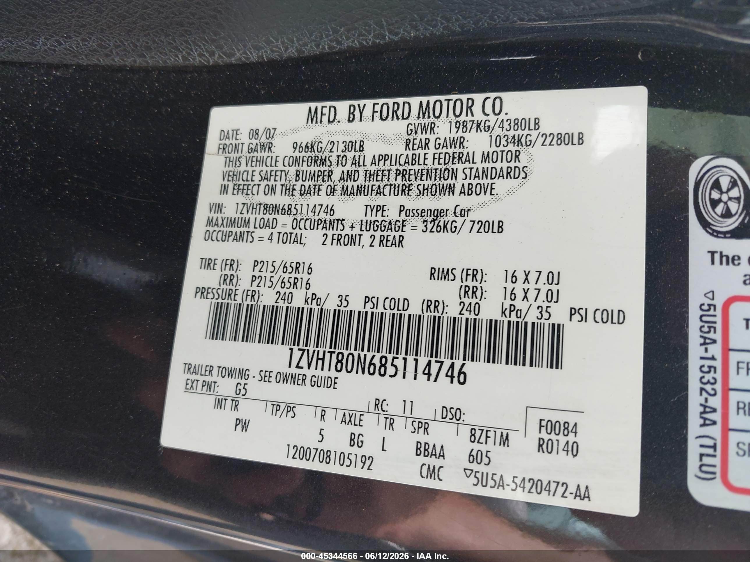 2008 Ford Mustang V6 Deluxe/v6 Premium Black vin: 1ZVHT80N685114746