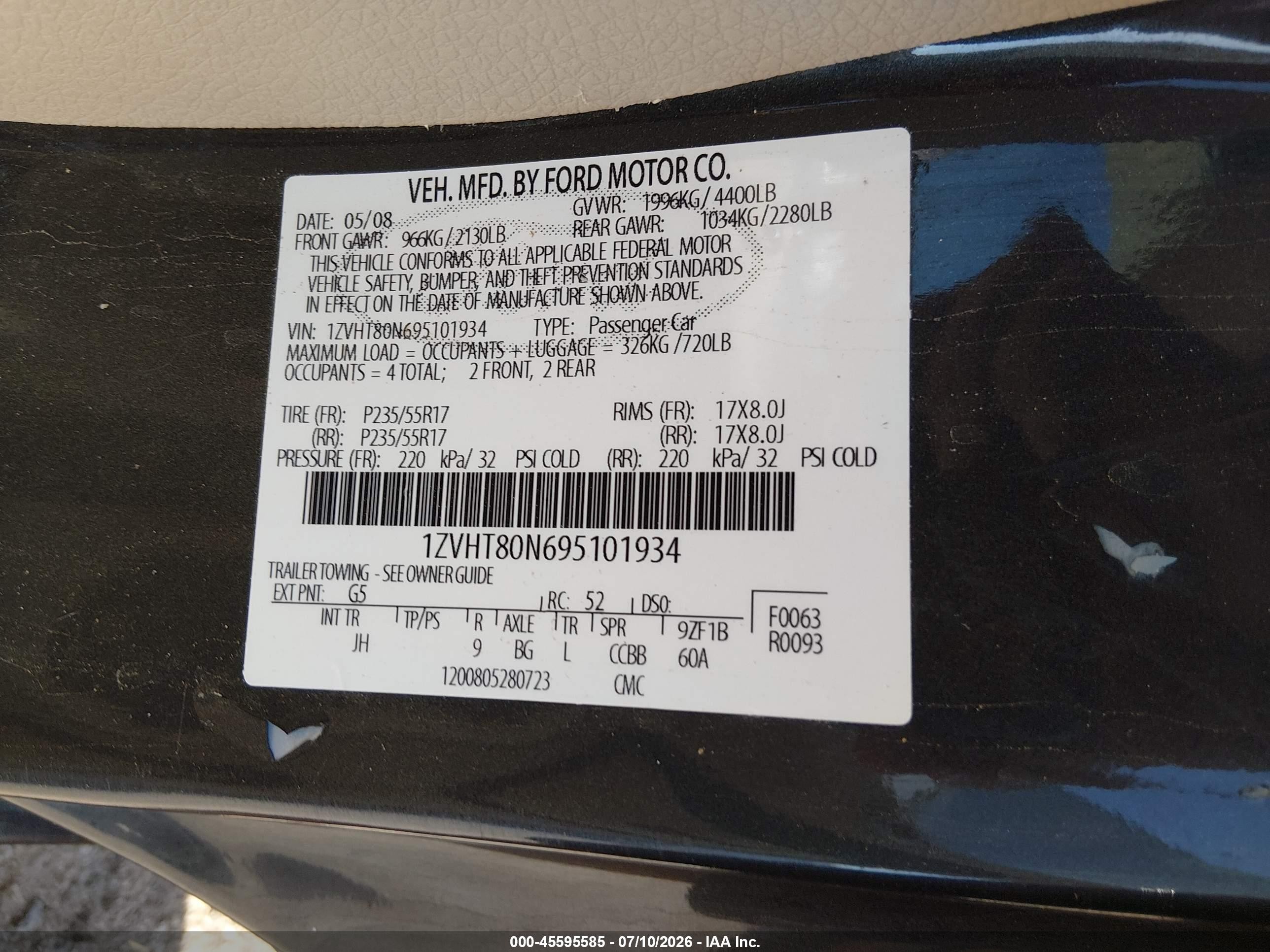2009 Ford Mustang V6/v6 Premium Black vin: 1ZVHT80N695101934