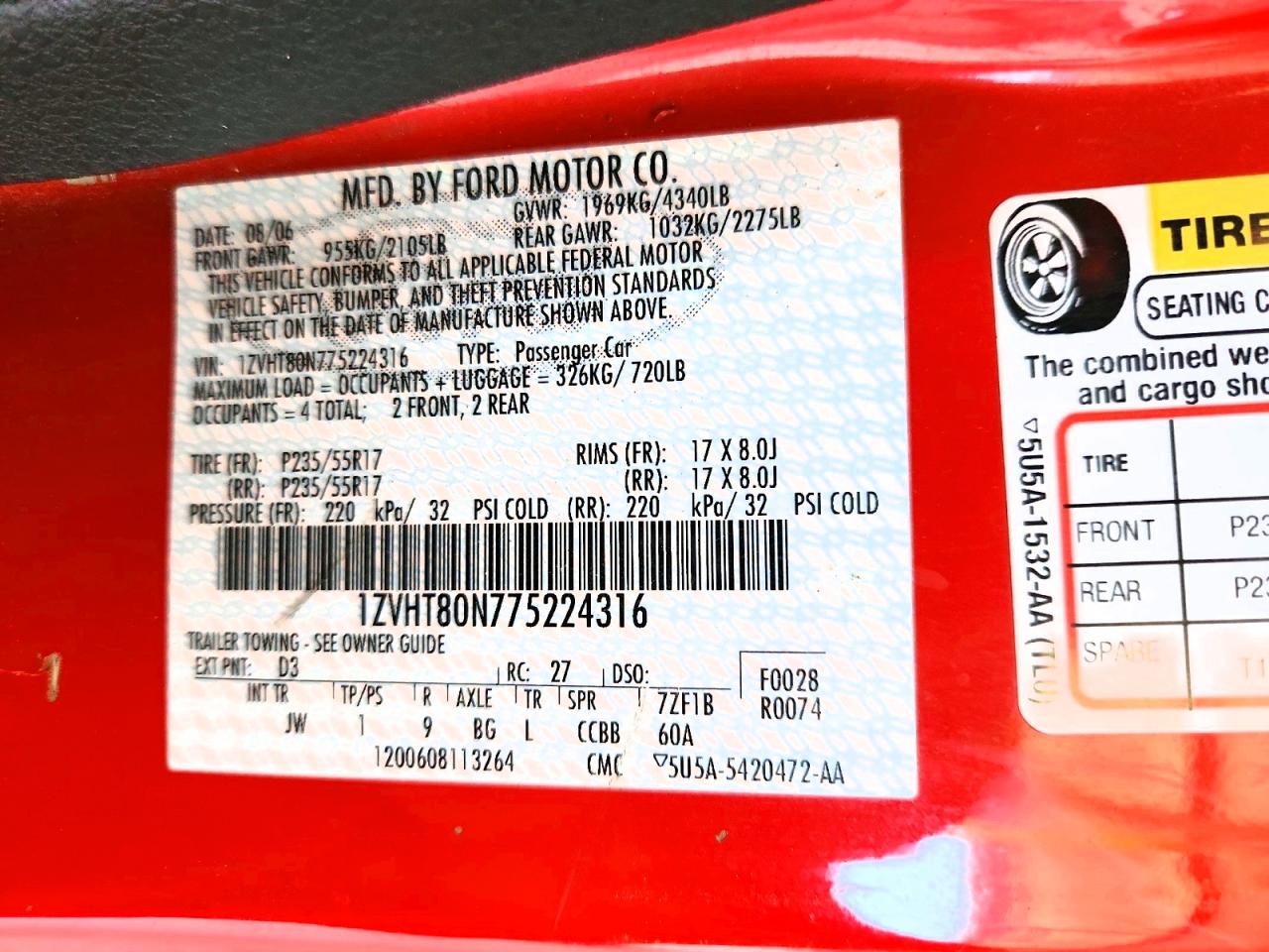 2007 Ford Mustang Red vin: 1ZVHT80N775224316