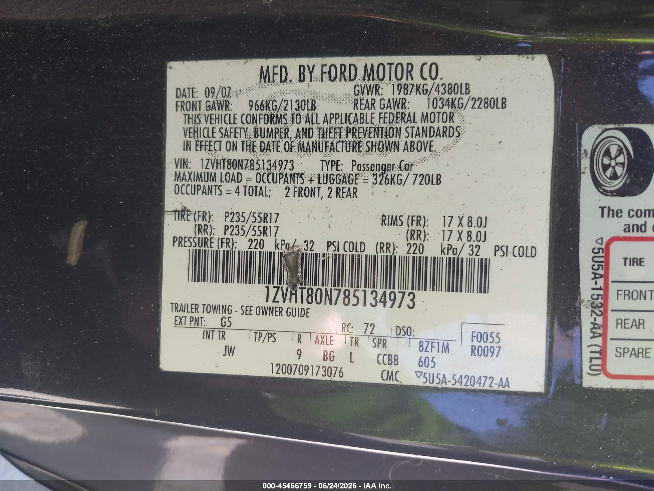 2008 Ford Mustang V6 Premium Black vin: 1ZVHT80N785134973