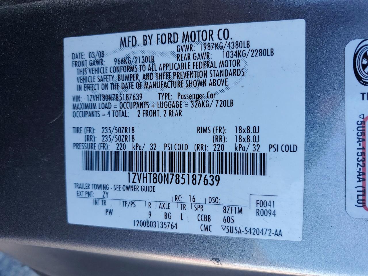 2008 Ford Mustang Silver vin: 1ZVHT80N785187639