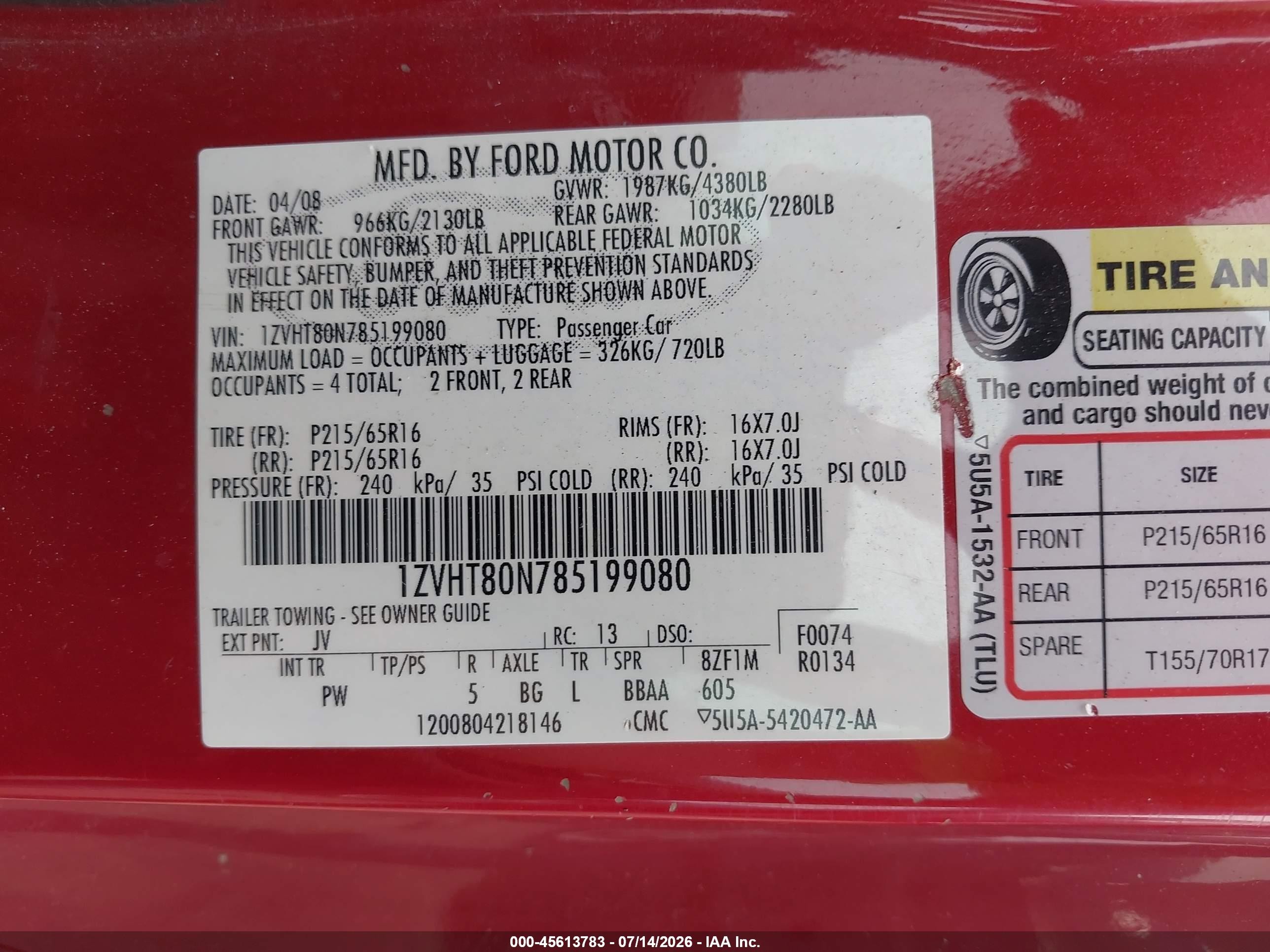 2008 Ford Mustang   Red vin: 1ZVHT80N785199080