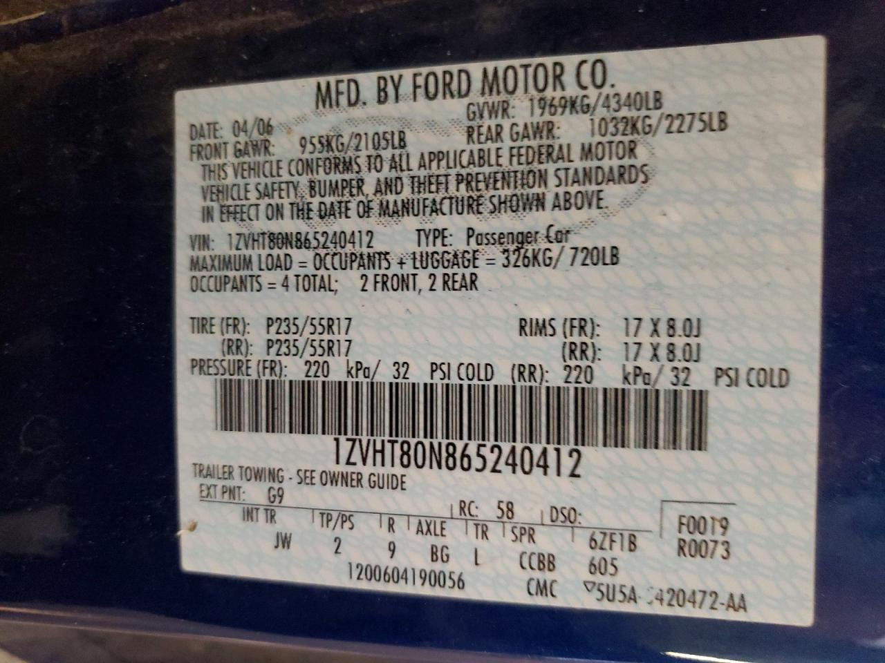 2006 Ford Mustang Blue vin: 1ZVHT80N865240412