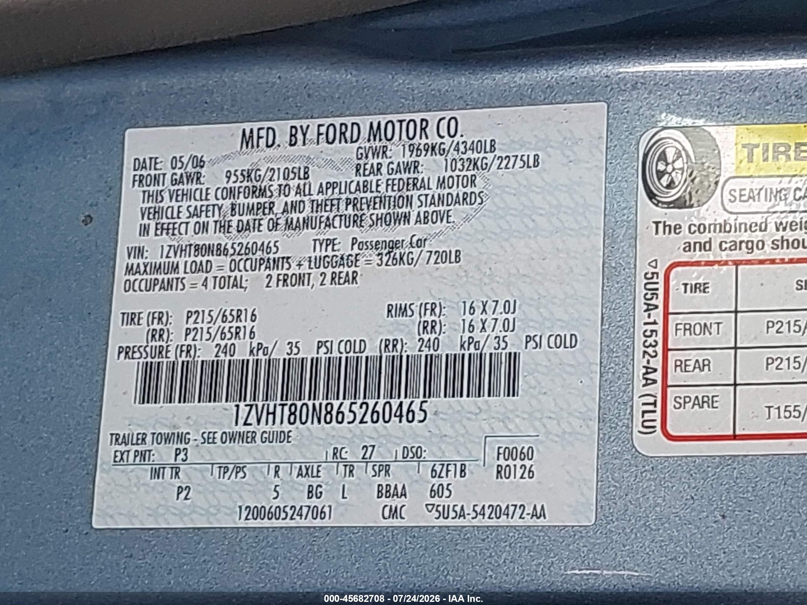 2006 Ford Mustang V6 Light Blue vin: 1ZVHT80N865260465