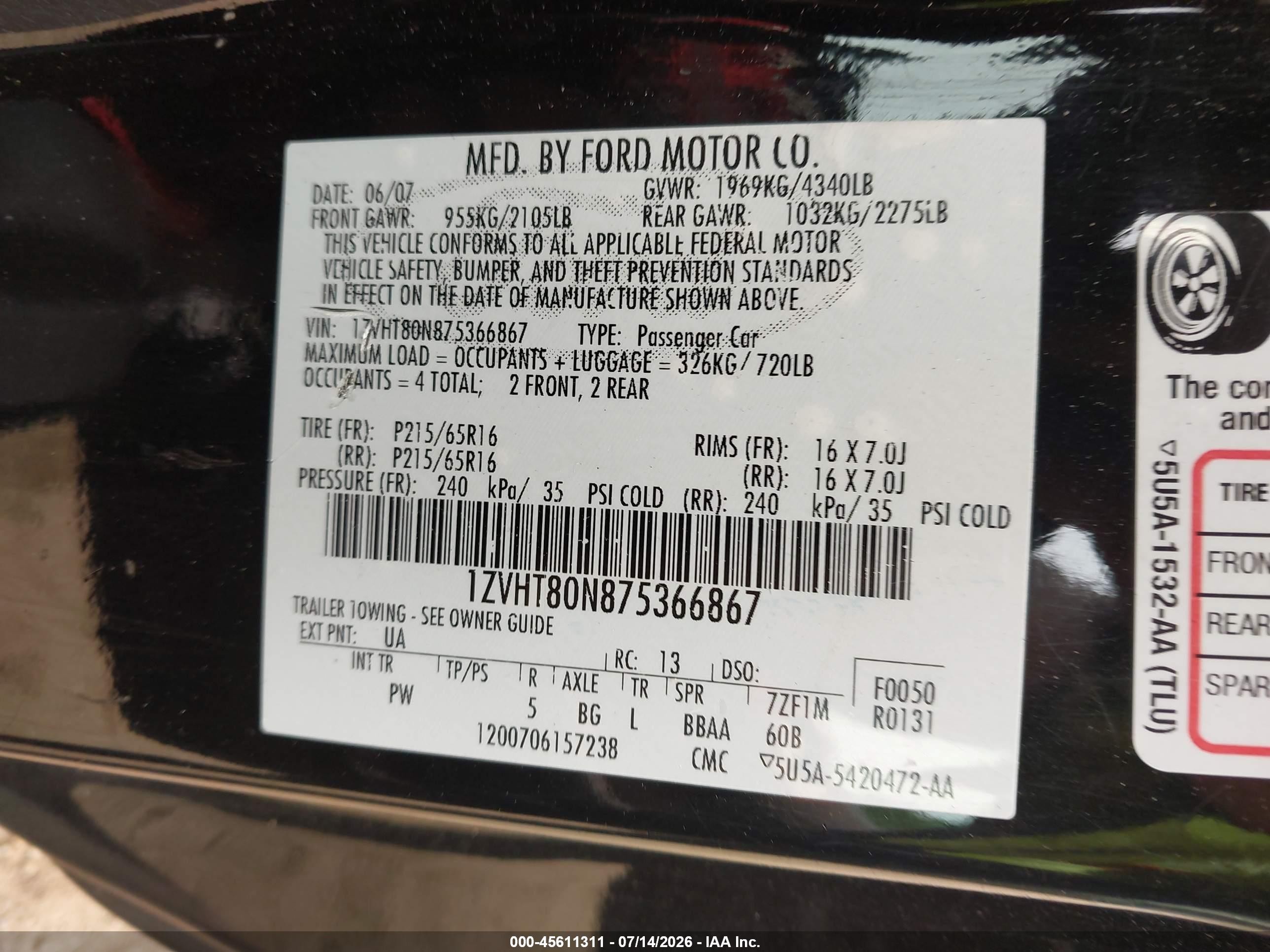 2007 Ford Mustang V6 Deluxe/v6 Premium Черный vin: 1ZVHT80N875366867