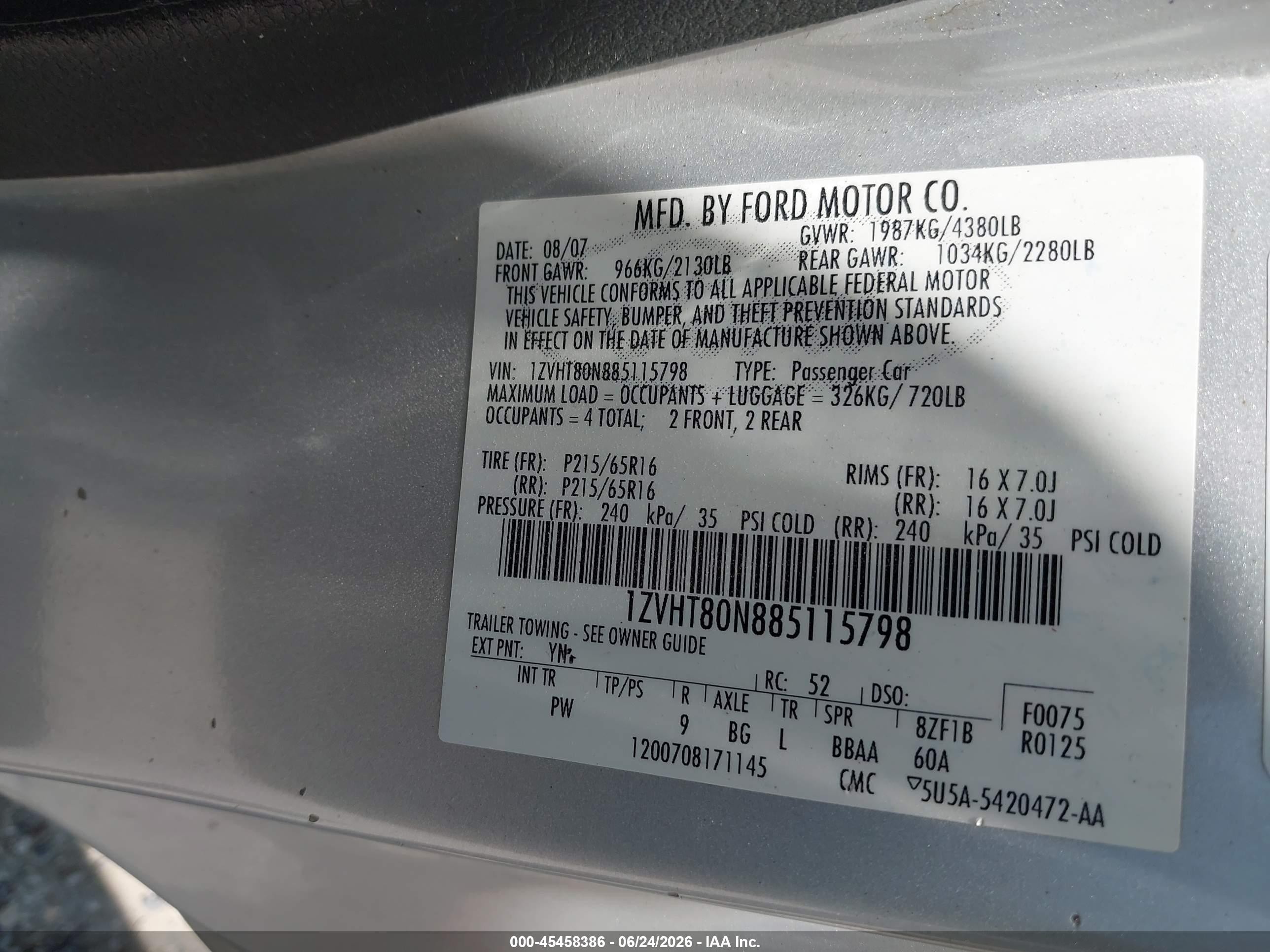2008 Ford Mustang V6 Deluxe/v6 Premium Silver vin: 1ZVHT80N885115798