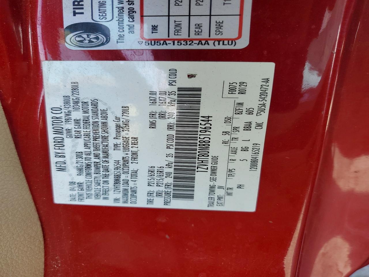 2008 Ford Mustang Red vin: 1ZVHT80N885196544
