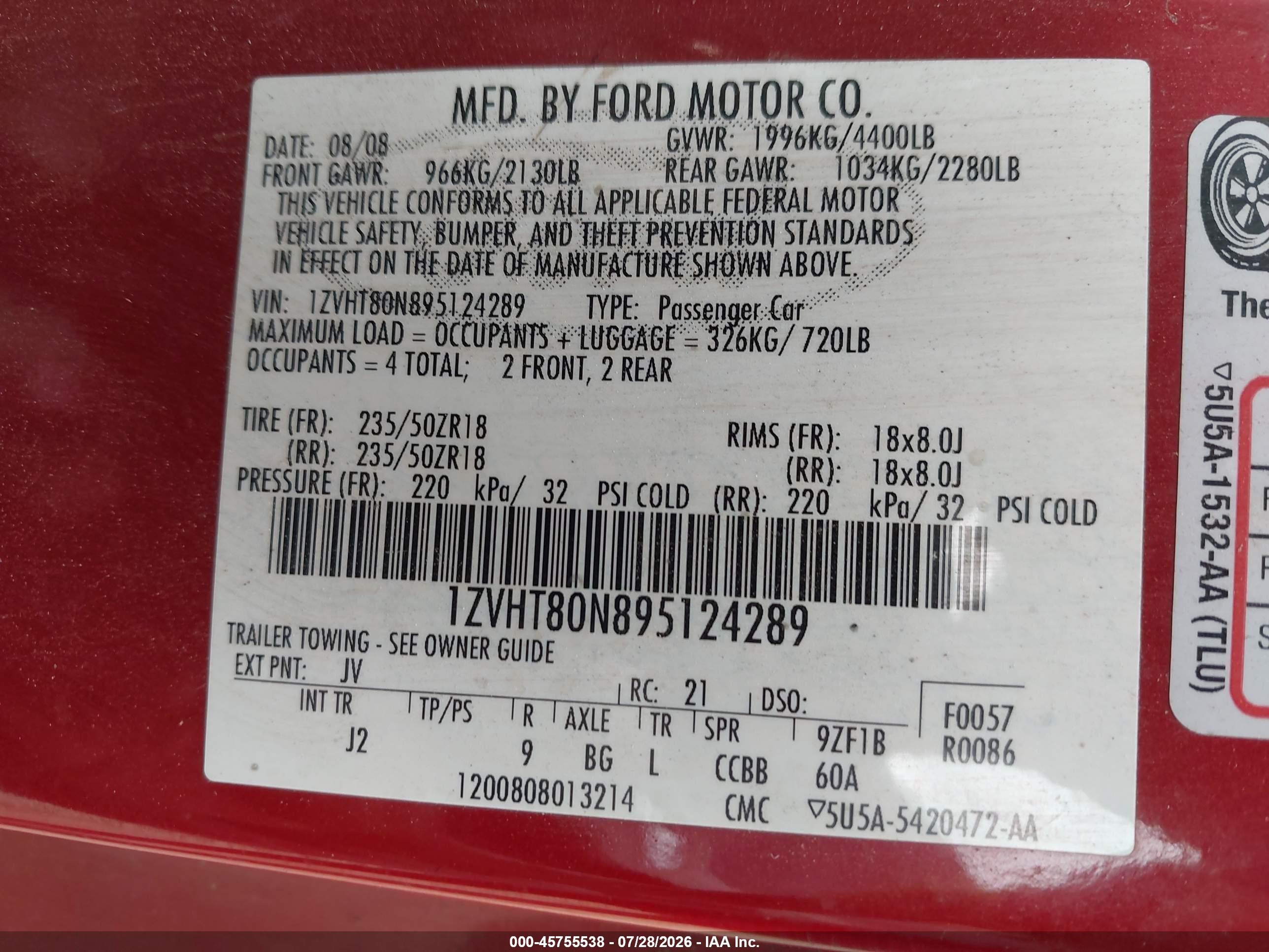 2009 Ford Mustang V6/v6 Premium Red vin: 1ZVHT80N895124289