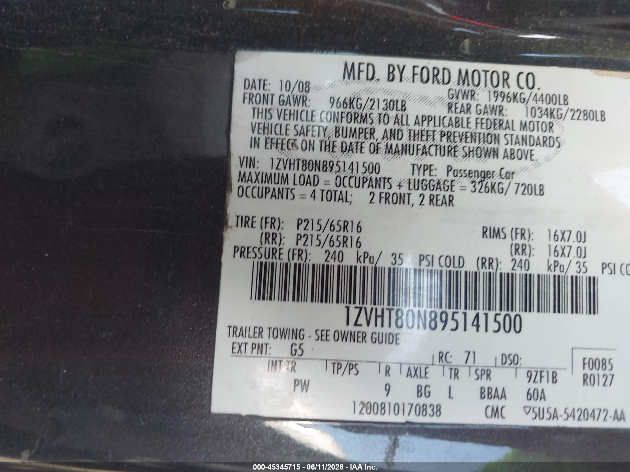 2009 Ford Mustang V6/v6 Premium Gray vin: 1ZVHT80N895141500