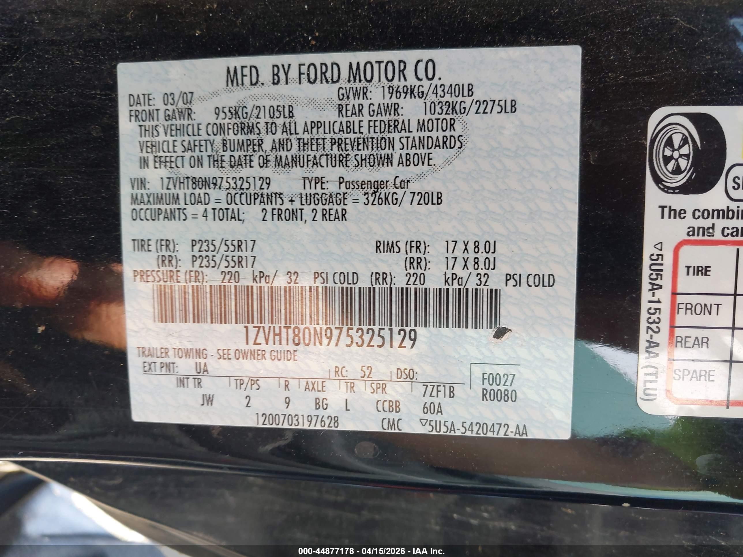 2007 Ford Mustang V6 Deluxe/v6 Premium Black vin: 1ZVHT80N975325129