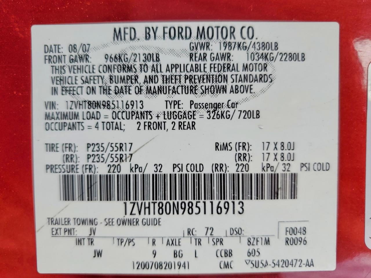 2008 Ford Mustang Red vin: 1ZVHT80N985116913