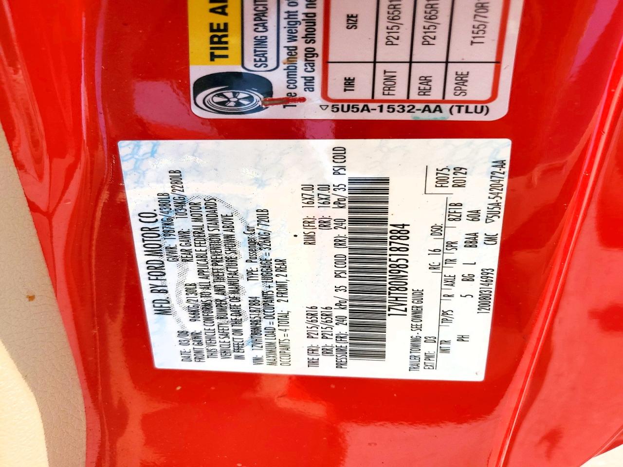 2008 Ford Mustang Red vin: 1ZVHT80N985187884