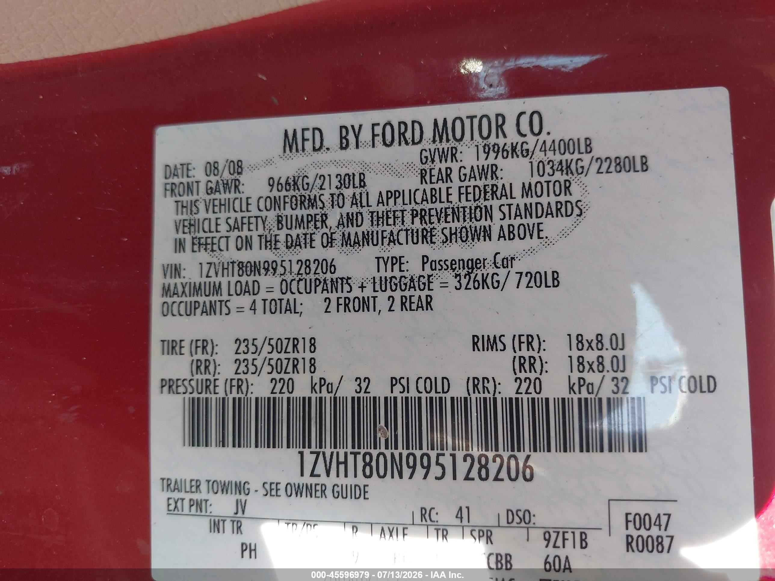 2009 Ford Mustang V6/v6 Premium Red vin: 1ZVHT80N995128206