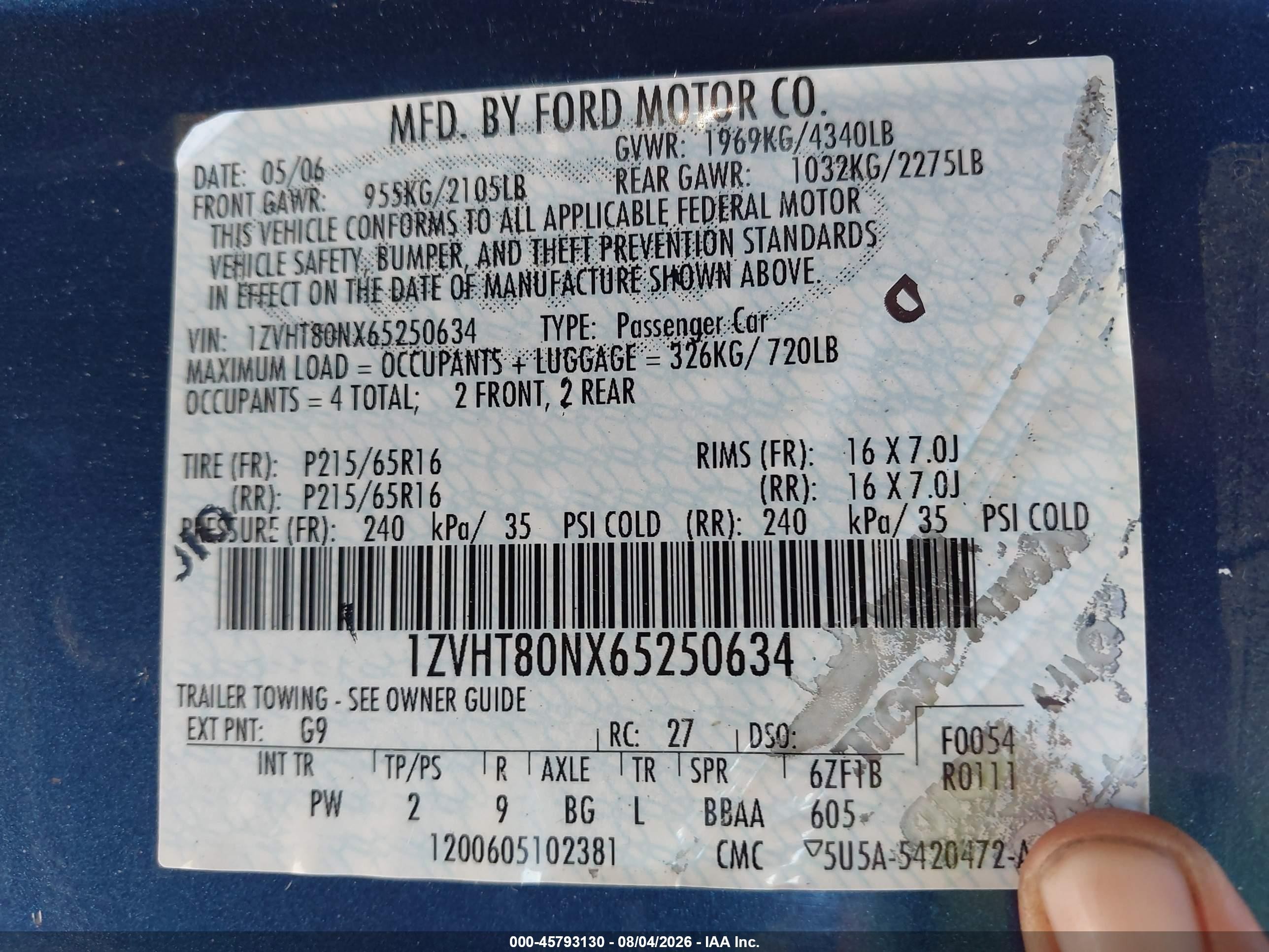 2006 Ford Mustang V6 Blue vin: 1ZVHT80NX65250634