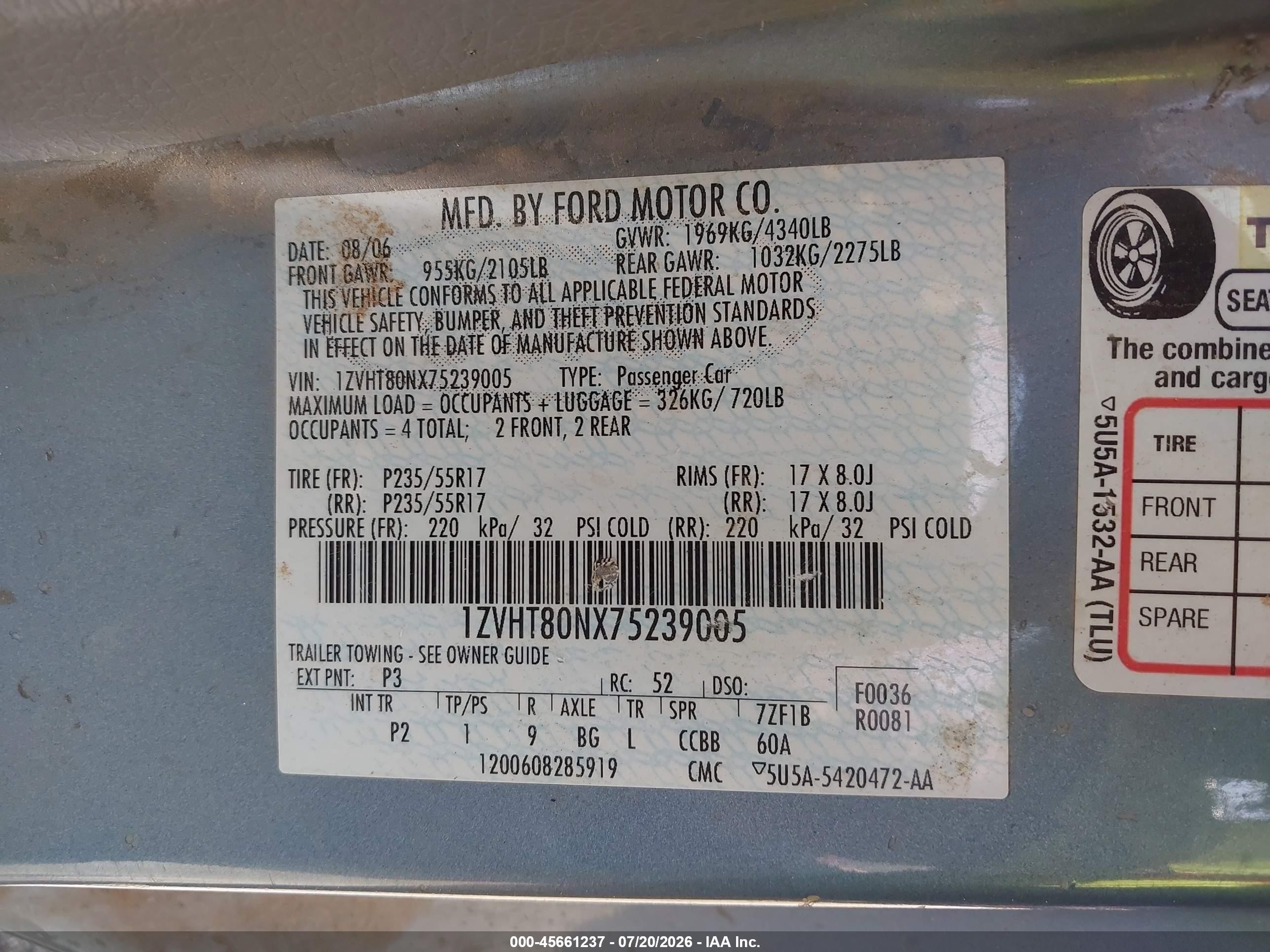 2007 Ford Mustang V6 Deluxe/v6 Premium Blue vin: 1ZVHT80NX75239005