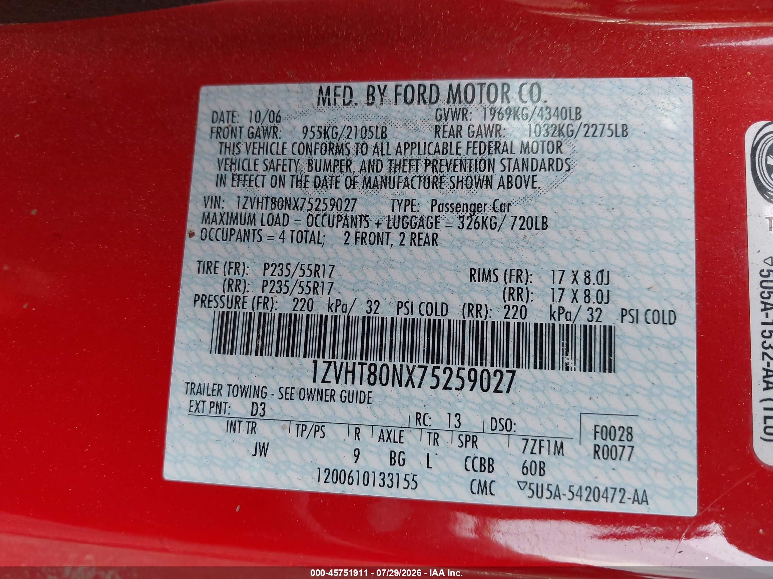 2007 Ford Mustang V6 Deluxe/v6 Premium Red vin: 1ZVHT80NX75259027