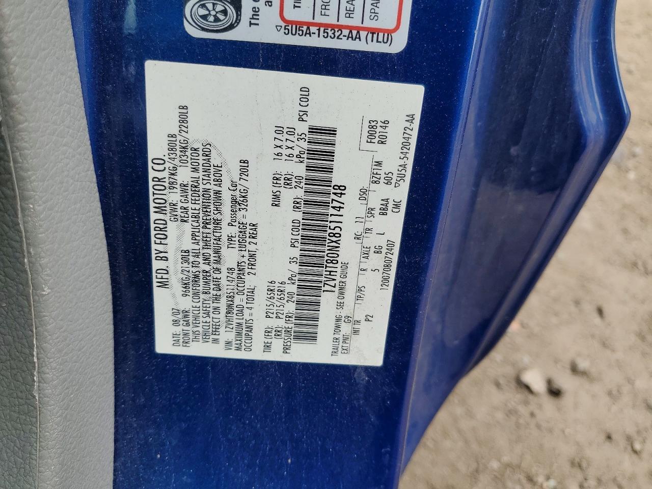 2008 Ford Mustang Blue vin: 1ZVHT80NX85114748