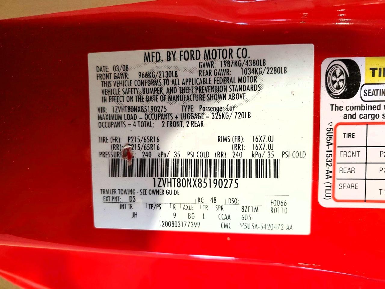 2008 Ford Mustang Red vin: 1ZVHT80NX85190275