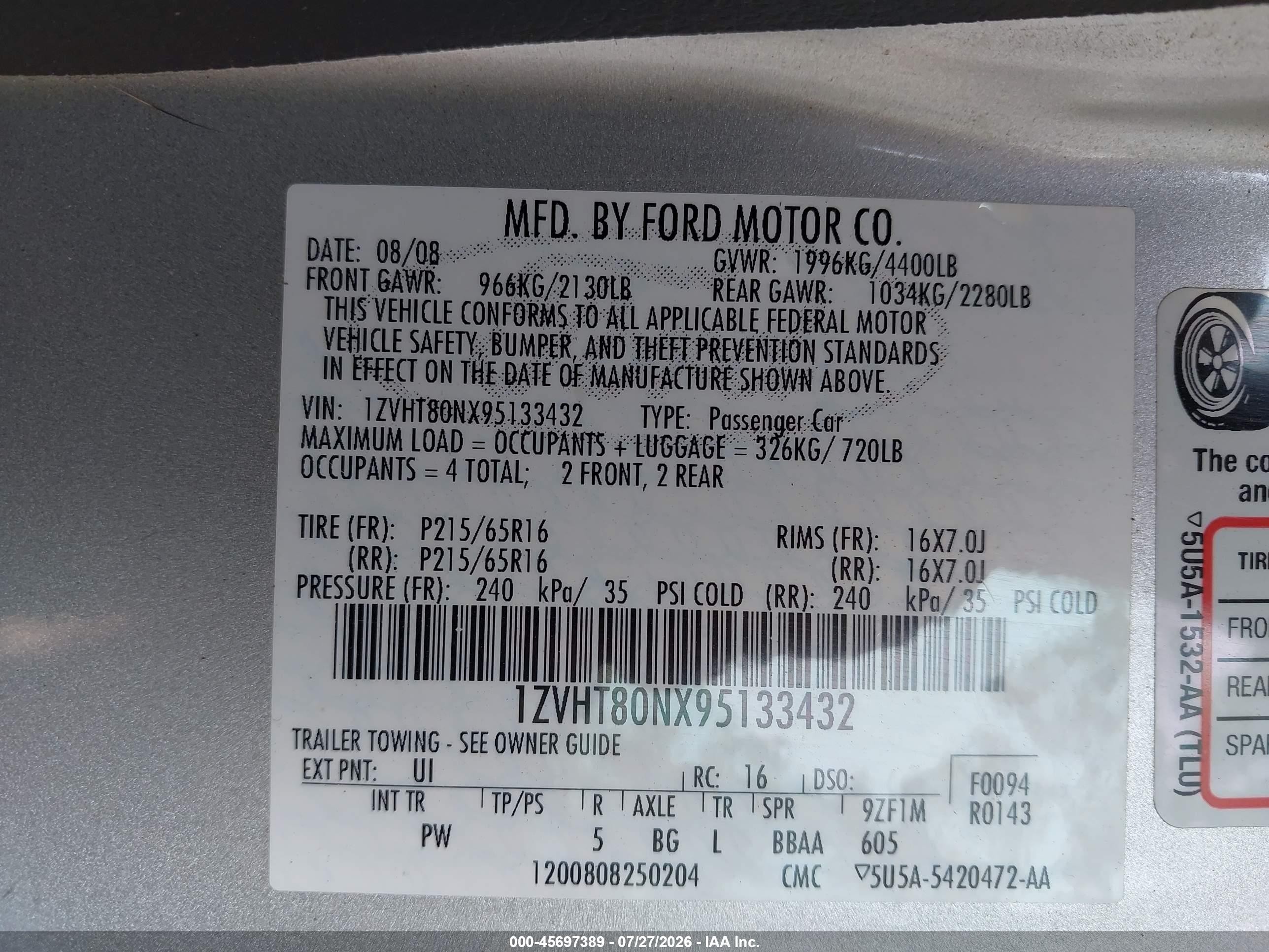 2009 Ford Mustang V6/v6 Premium Silver vin: 1ZVHT80NX95133432