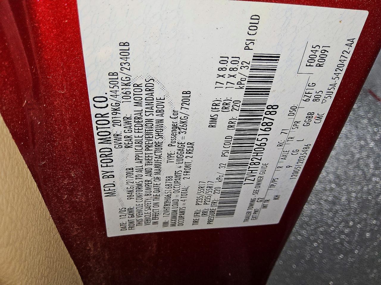 2006 Ford Mustang Gt Red vin: 1ZVHT82H065168788