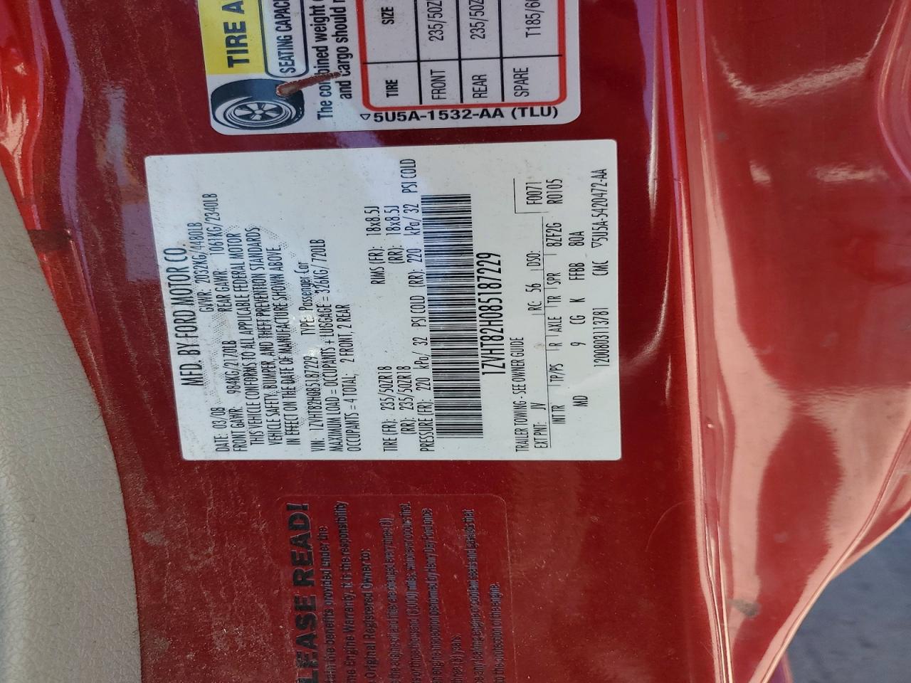 2008 Ford Mustang Gt Red vin: 1ZVHT82H085187229