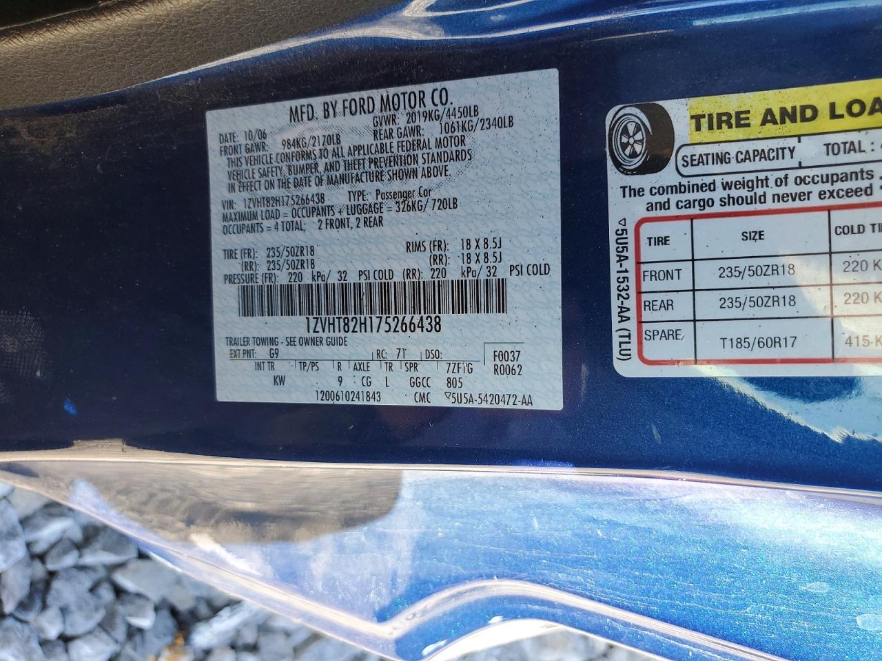 2007 Ford Mustang Gt Blue vin: 1ZVHT82H175266438