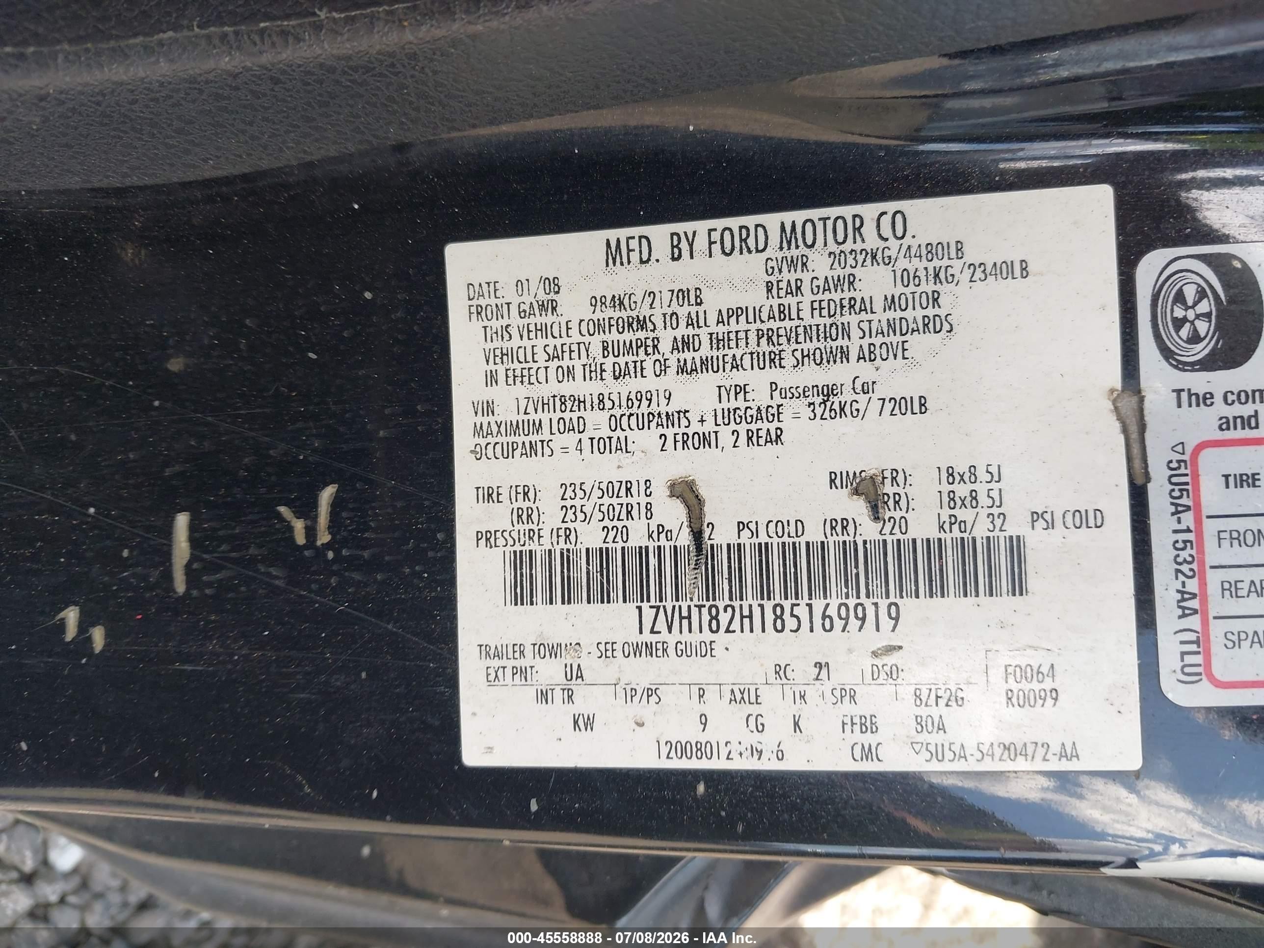 2008 Ford Mustang Gt Deluxe/gt Premium Black vin: 1ZVHT82H185169919