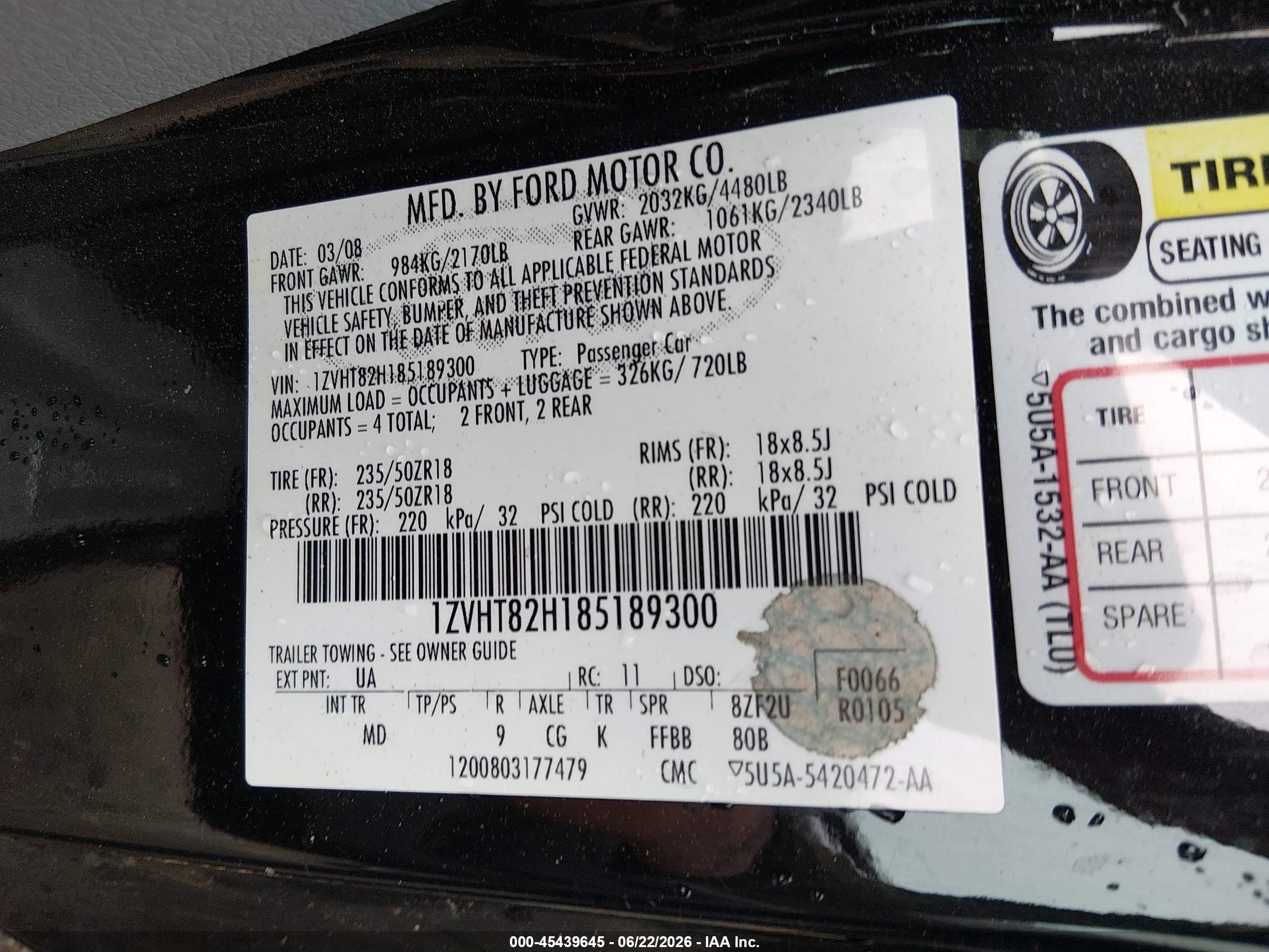2008 Ford Mustang Gt Deluxe/gt Premium Black vin: 1ZVHT82H185189300