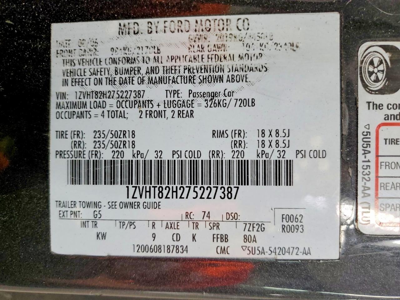 2007 Ford Mustang Gt Серый vin: 1ZVHT82H275227387