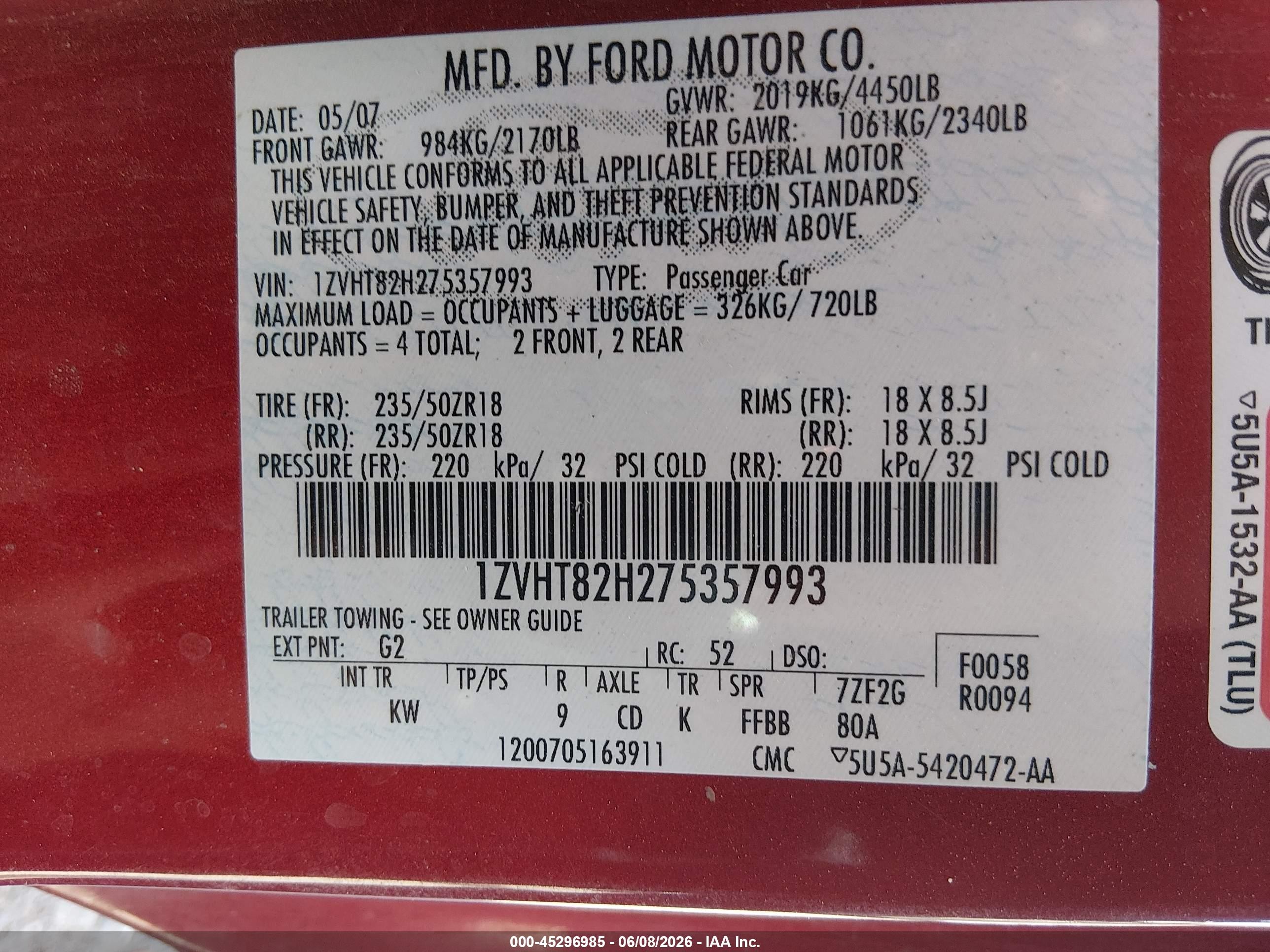 2007 Ford Mustang Gt Deluxe/gt Premium Red vin: 1ZVHT82H275357993