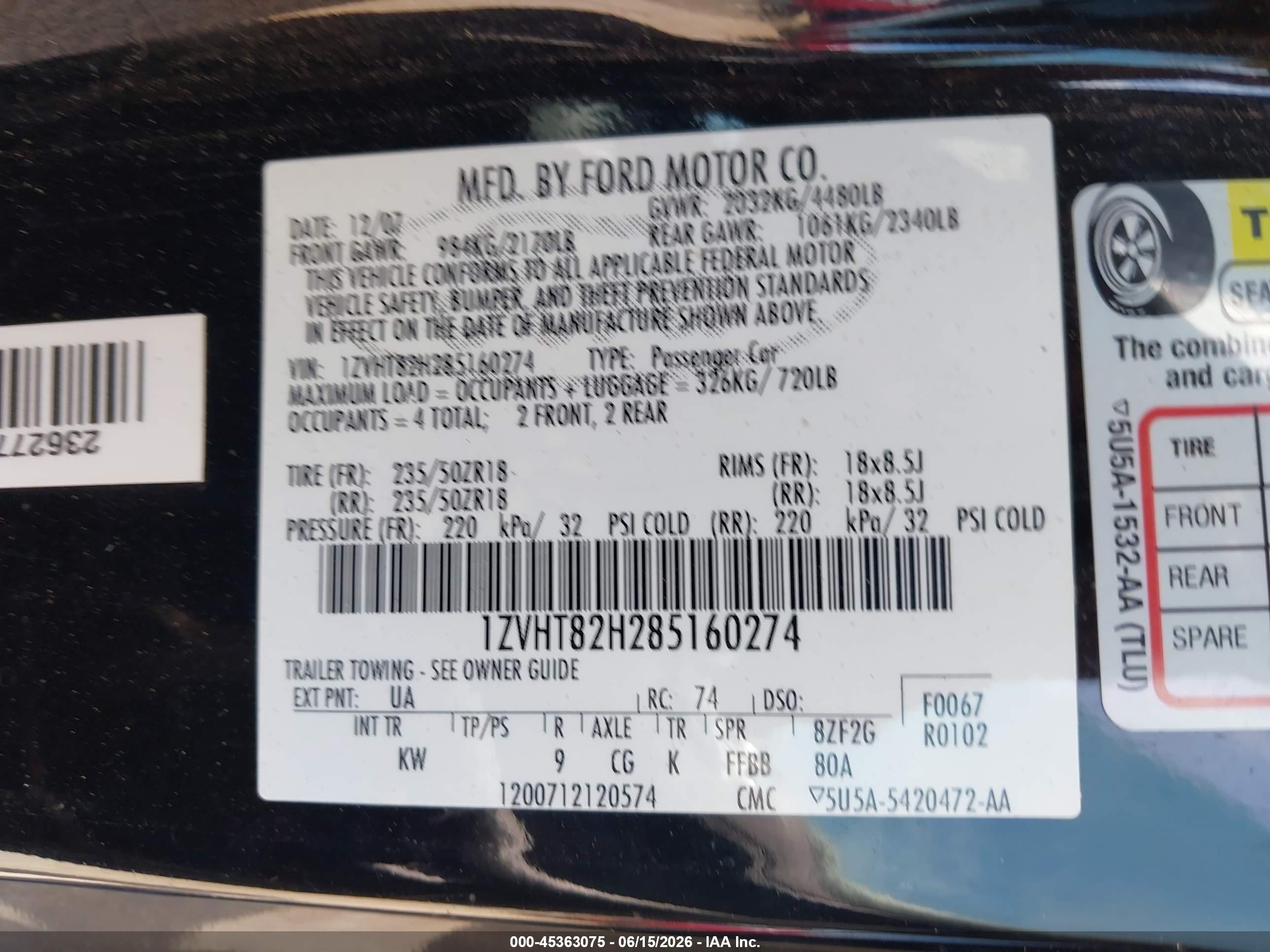 2008 Ford Mustang Gt Deluxe/gt Premium Black vin: 1ZVHT82H285160274