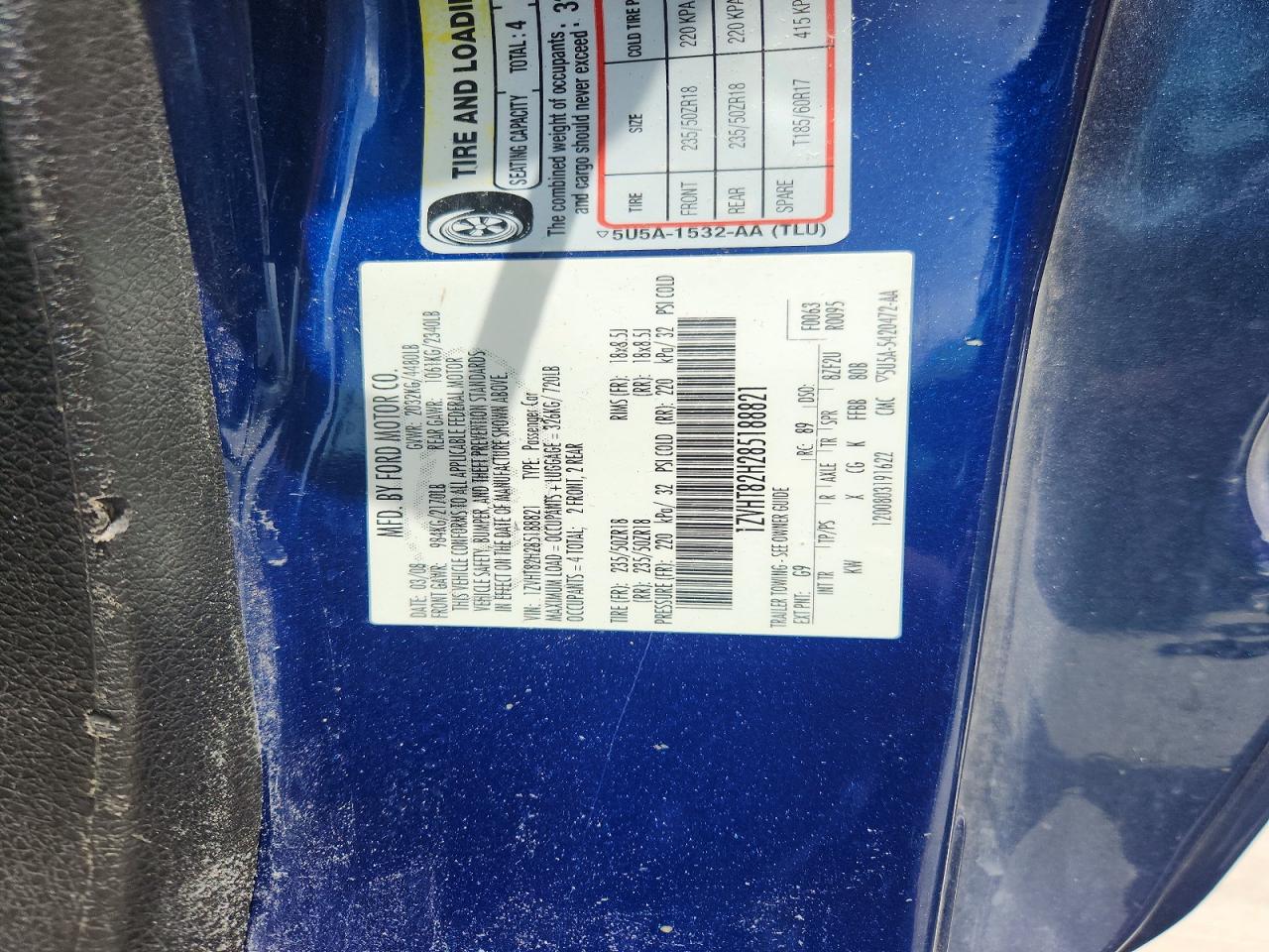 2008 Ford Mustang Gt Blue vin: 1ZVHT82H285188821