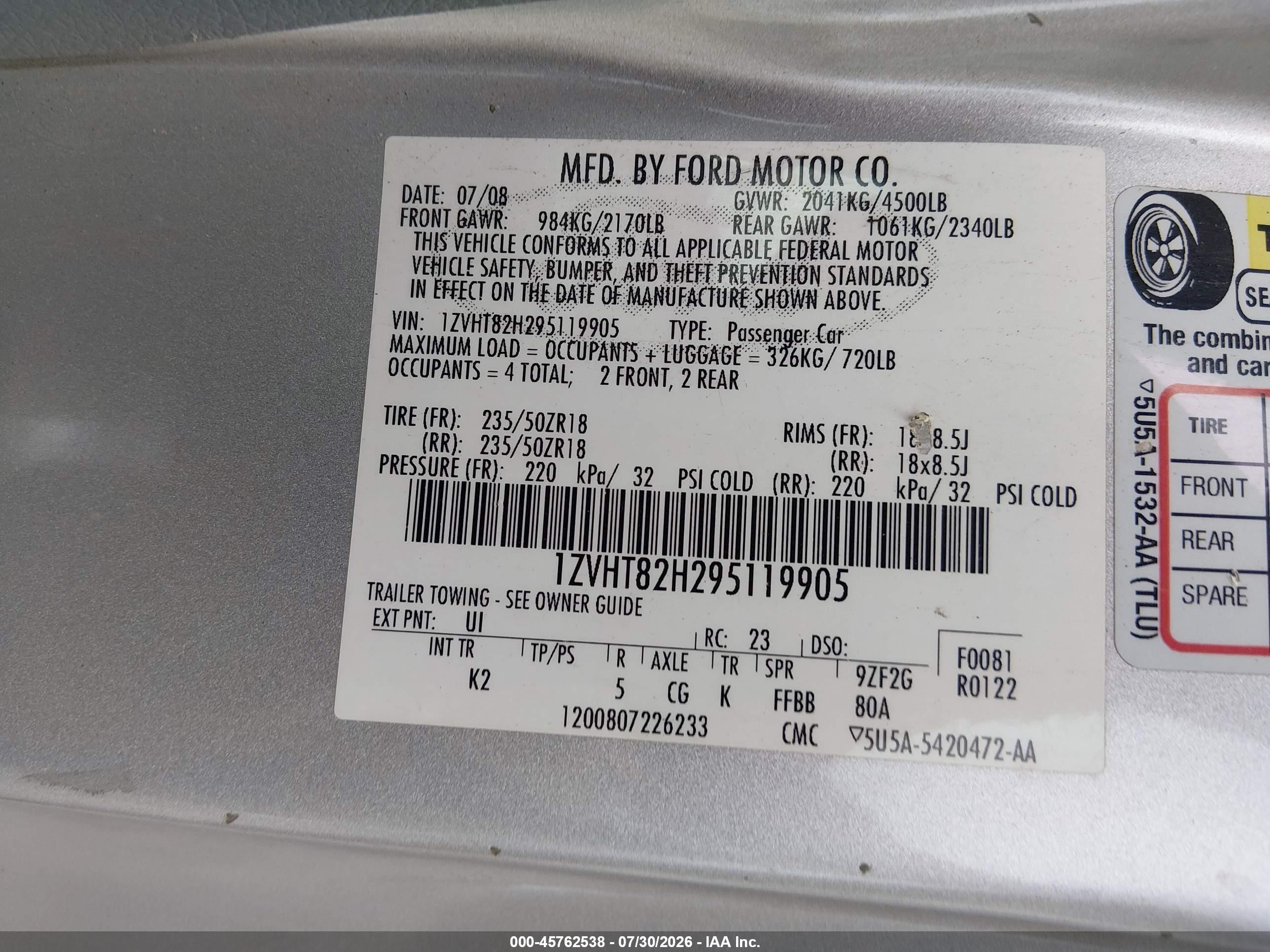 2009 Ford Mustang Gt/gt Premium Gray vin: 1ZVHT82H295119905