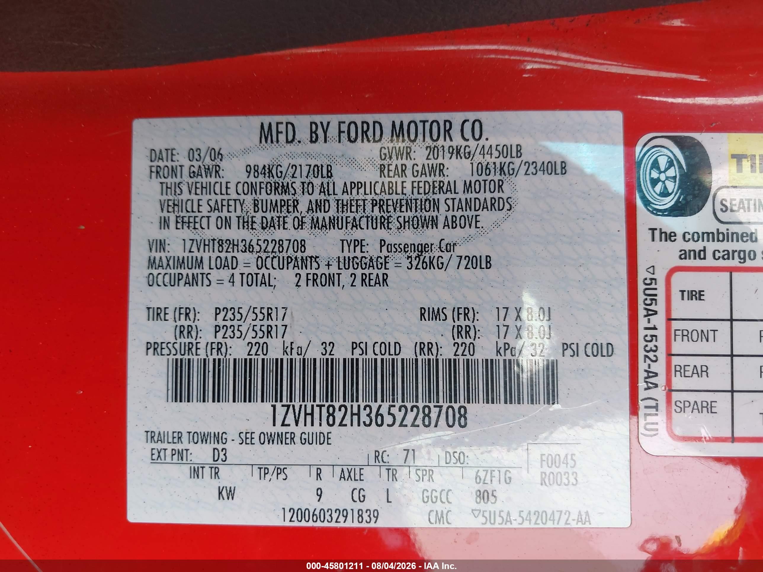 2006 Ford Mustang Gt Red vin: 1ZVHT82H365228708