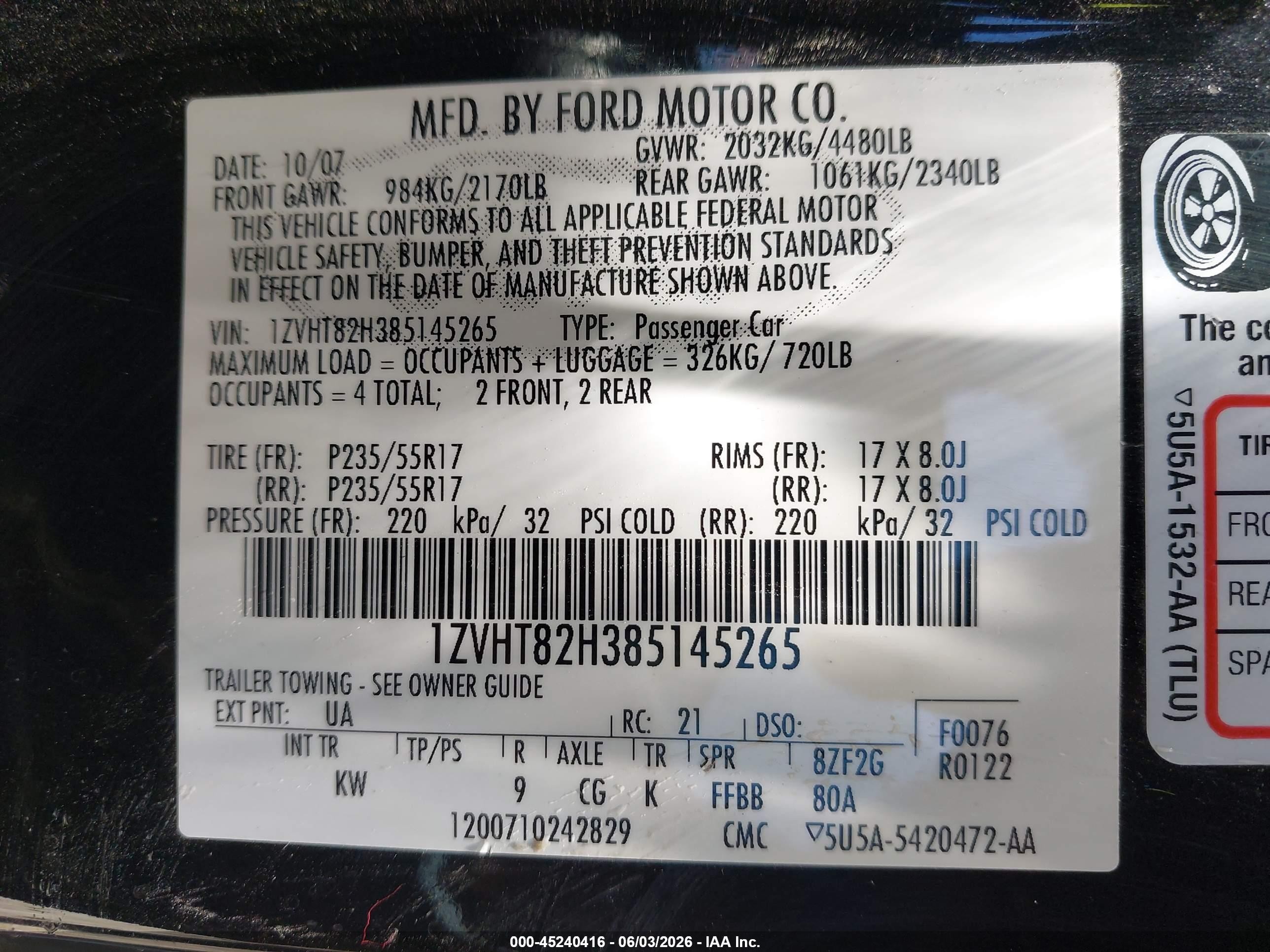 2008 Ford Mustang Gt Deluxe/gt Premium Black vin: 1ZVHT82H385145265