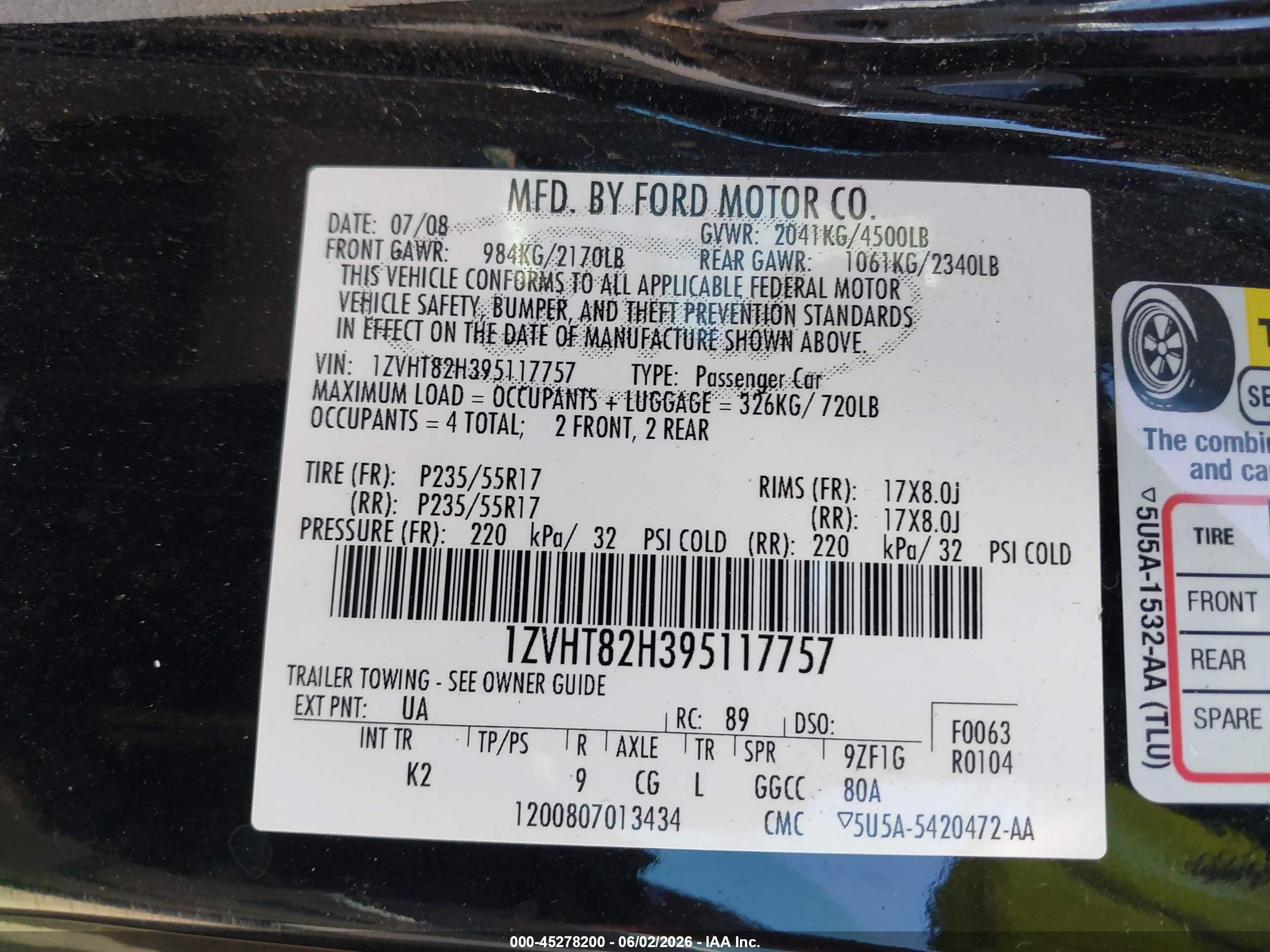 2009 Ford Mustang Gt/gt Premium Black vin: 1ZVHT82H395117757