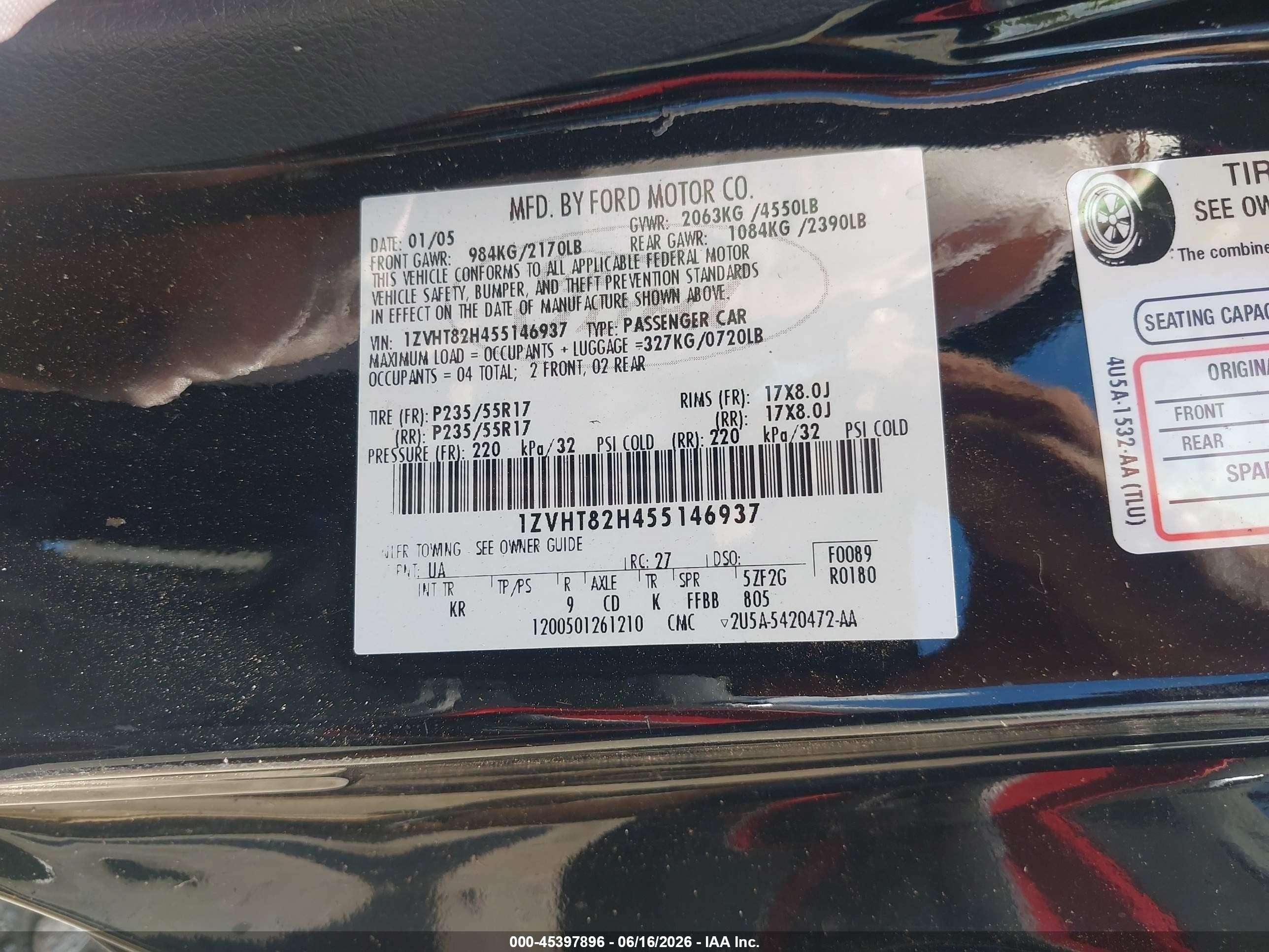 2005 Ford Mustang Gt Deluxe/gt Premium Black vin: 1ZVHT82H455146937
