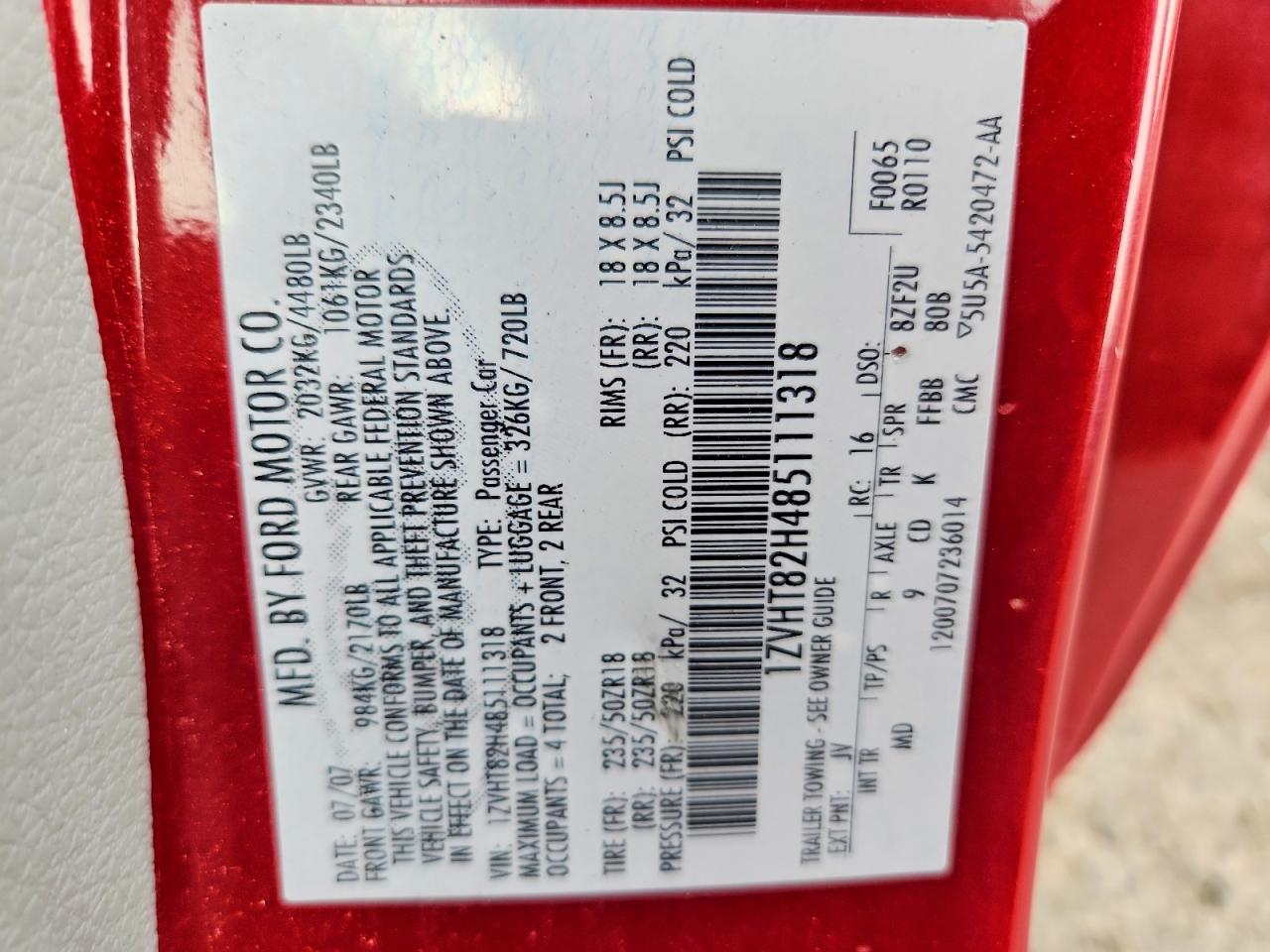 2008 Ford Mustang Gt Red vin: 1ZVHT82H485111318
