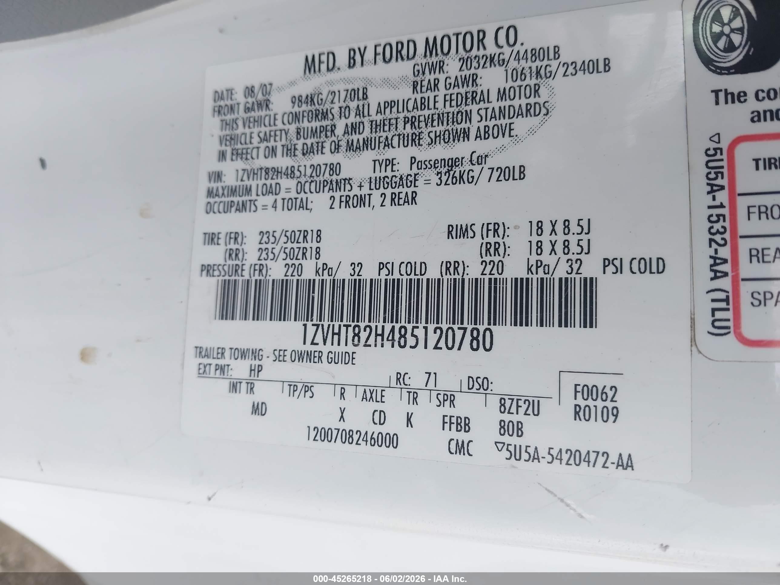 2008 Ford Mustang Gt Deluxe/gt Premium Белый vin: 1ZVHT82H485120780