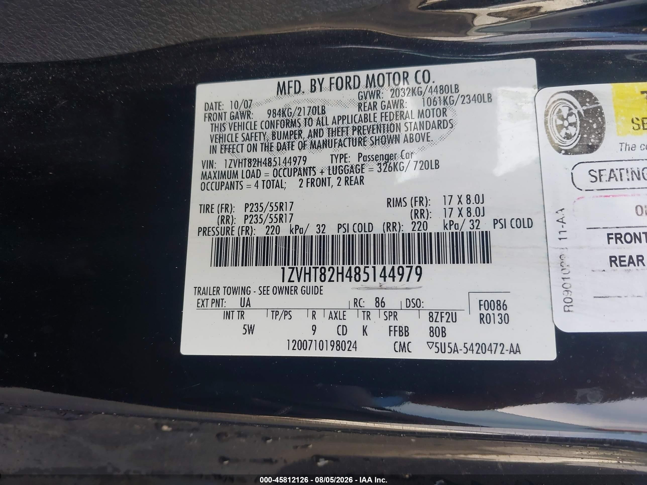 2008 Ford Mustang Gt Deluxe/gt Premium Black vin: 1ZVHT82H485144979