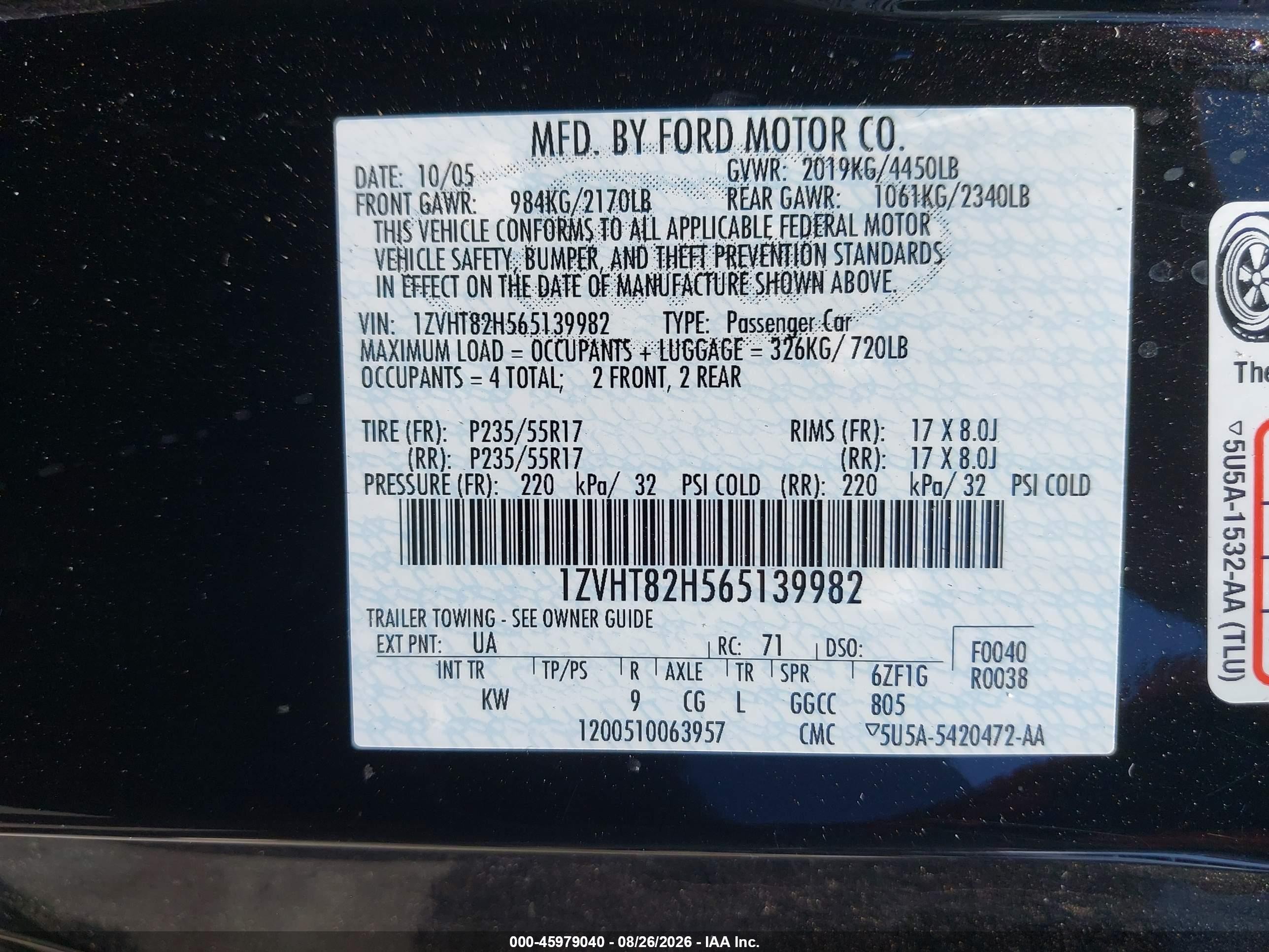 2006 Ford Mustang Gt Black vin: 1ZVHT82H565139982