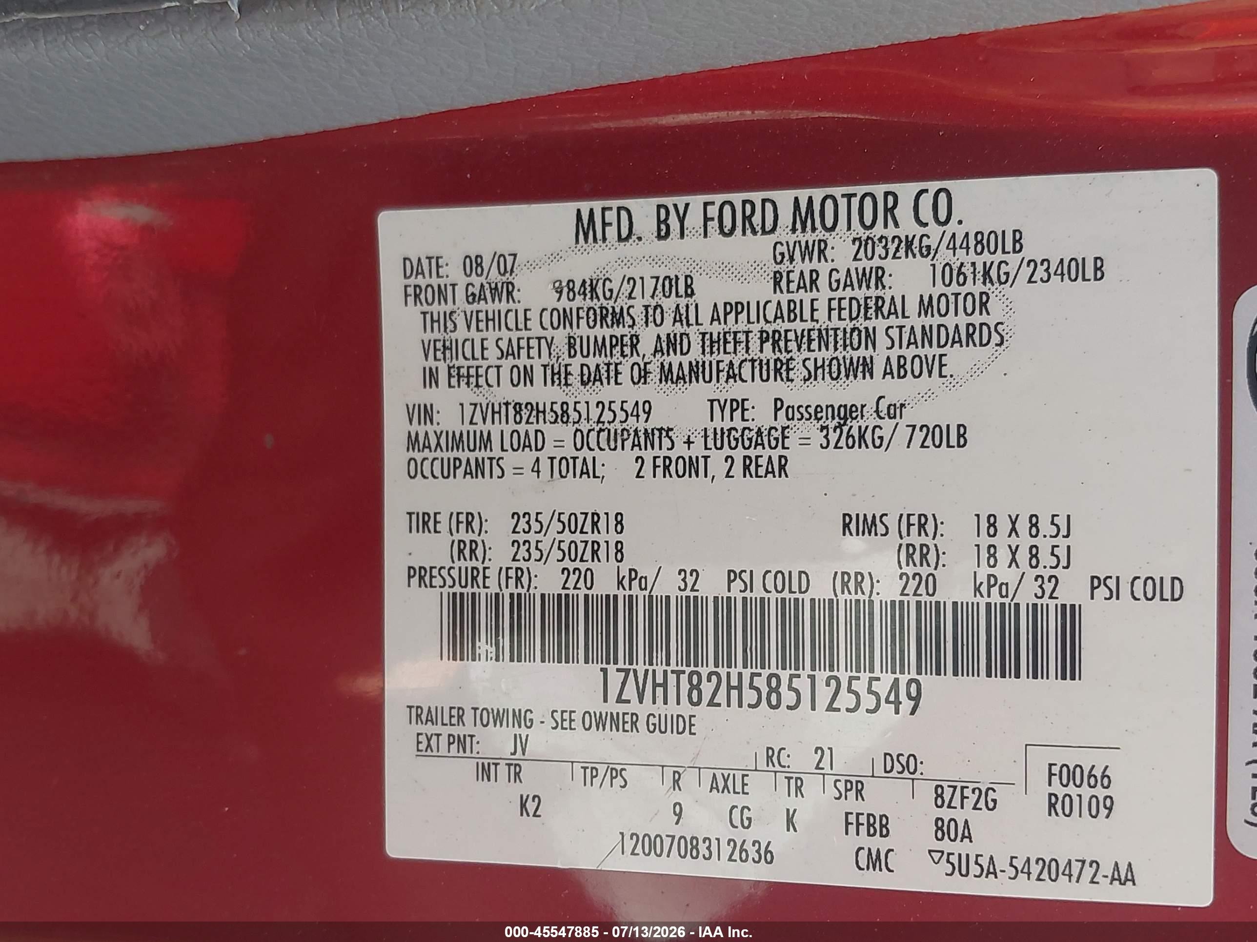 2008 Ford Mustang Gt Deluxe/gt Premium Red vin: 1ZVHT82H585125549
