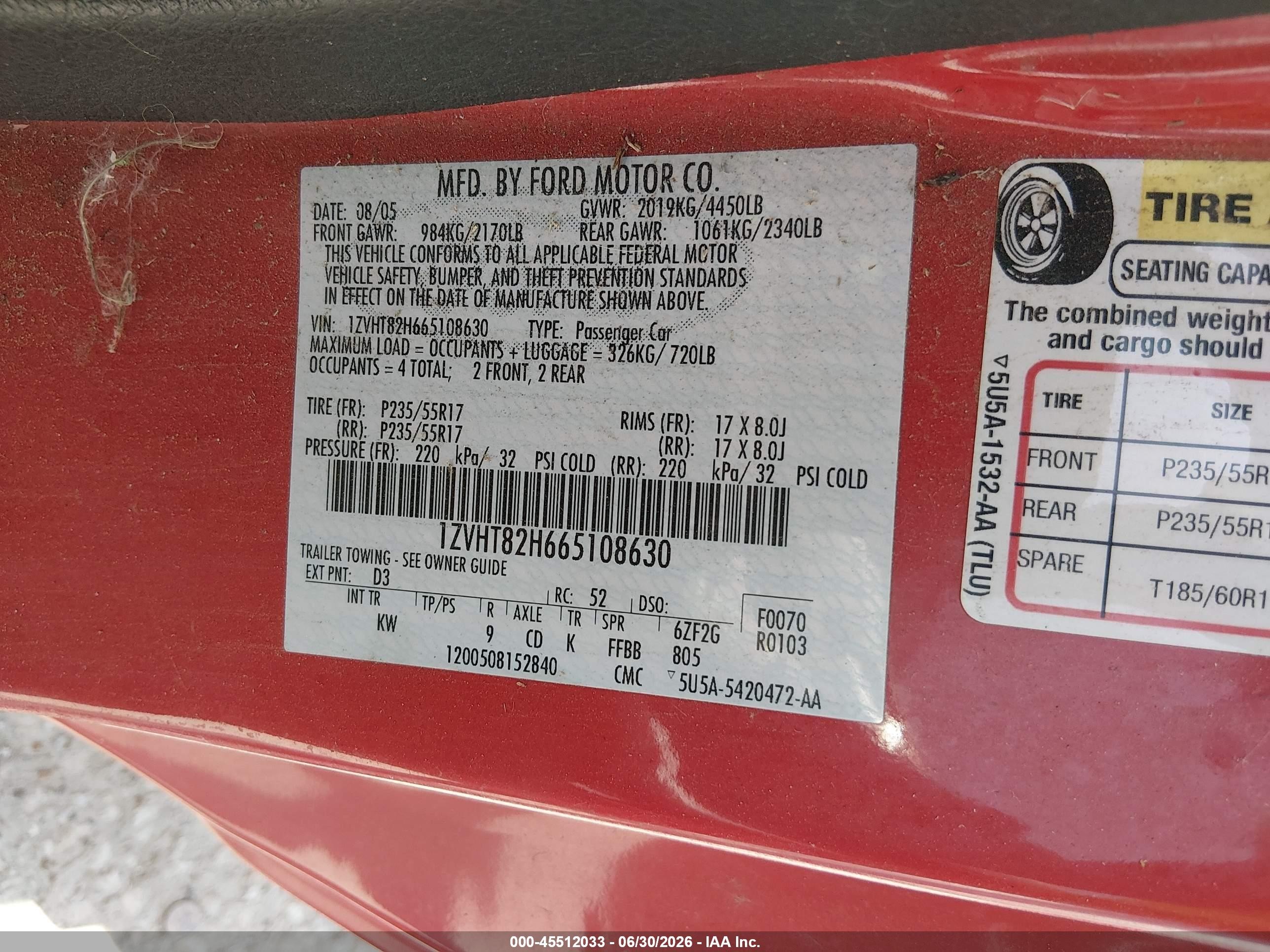 2006 Ford Mustang Gt Red vin: 1ZVHT82H665108630