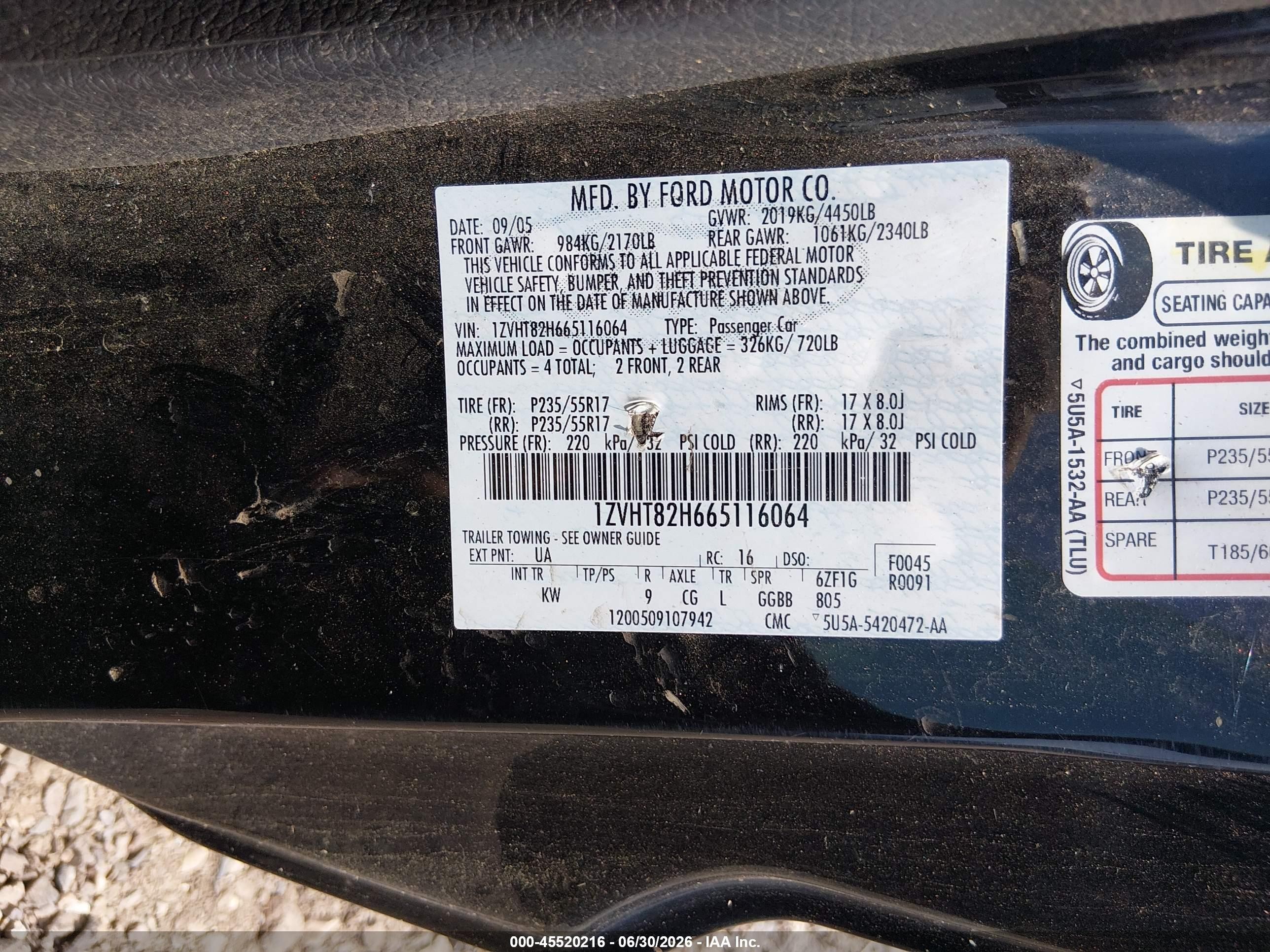 2006 Ford Mustang Gt Black vin: 1ZVHT82H665116064