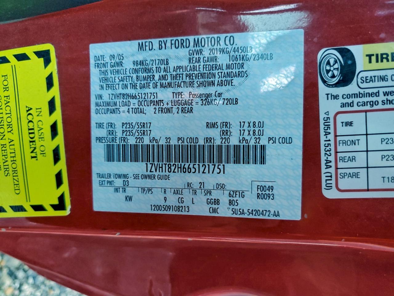 2006 Ford Mustang Gt Red vin: 1ZVHT82H665121751