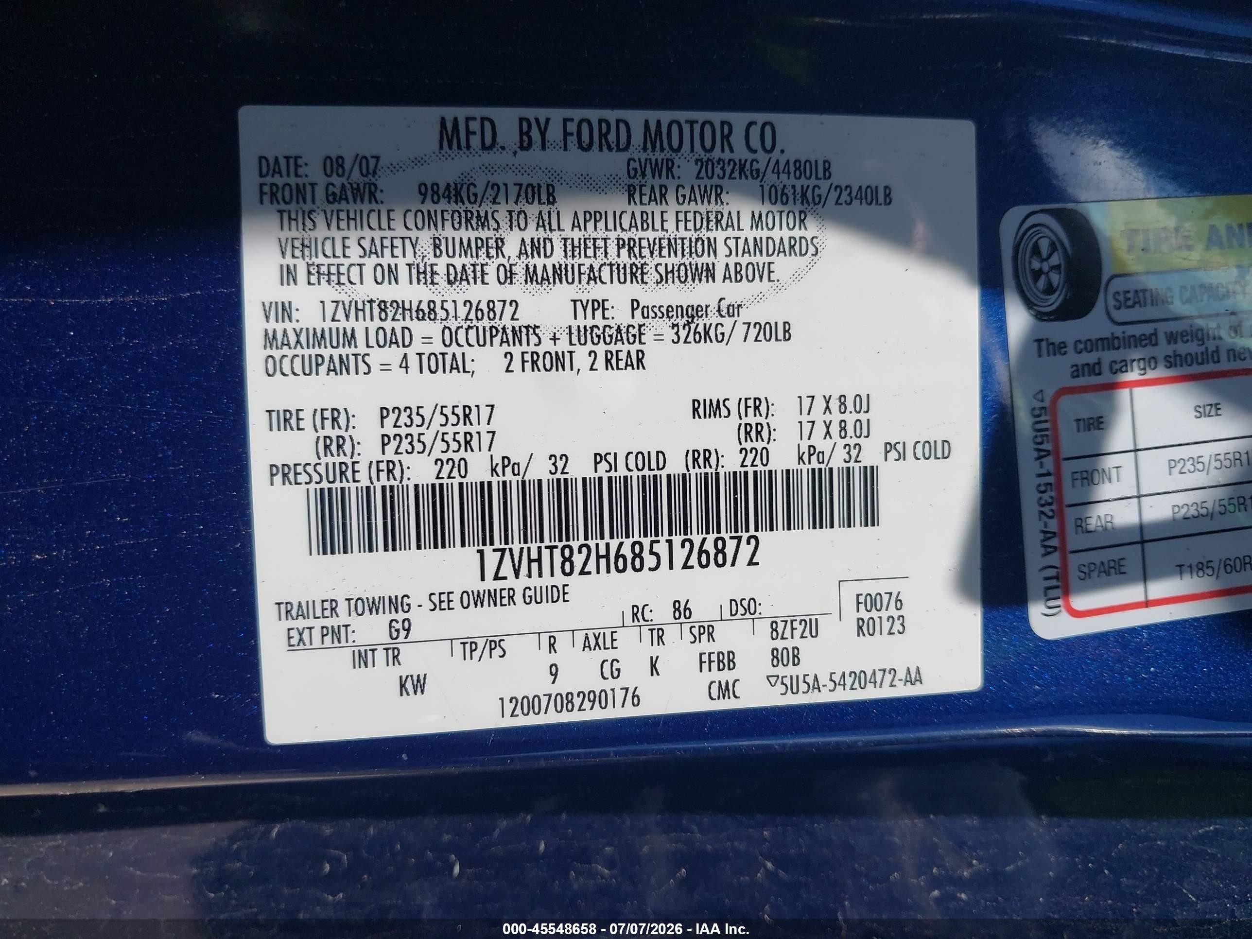 2008 Ford Mustang Gt Deluxe/gt Premium Blue vin: 1ZVHT82H685126872